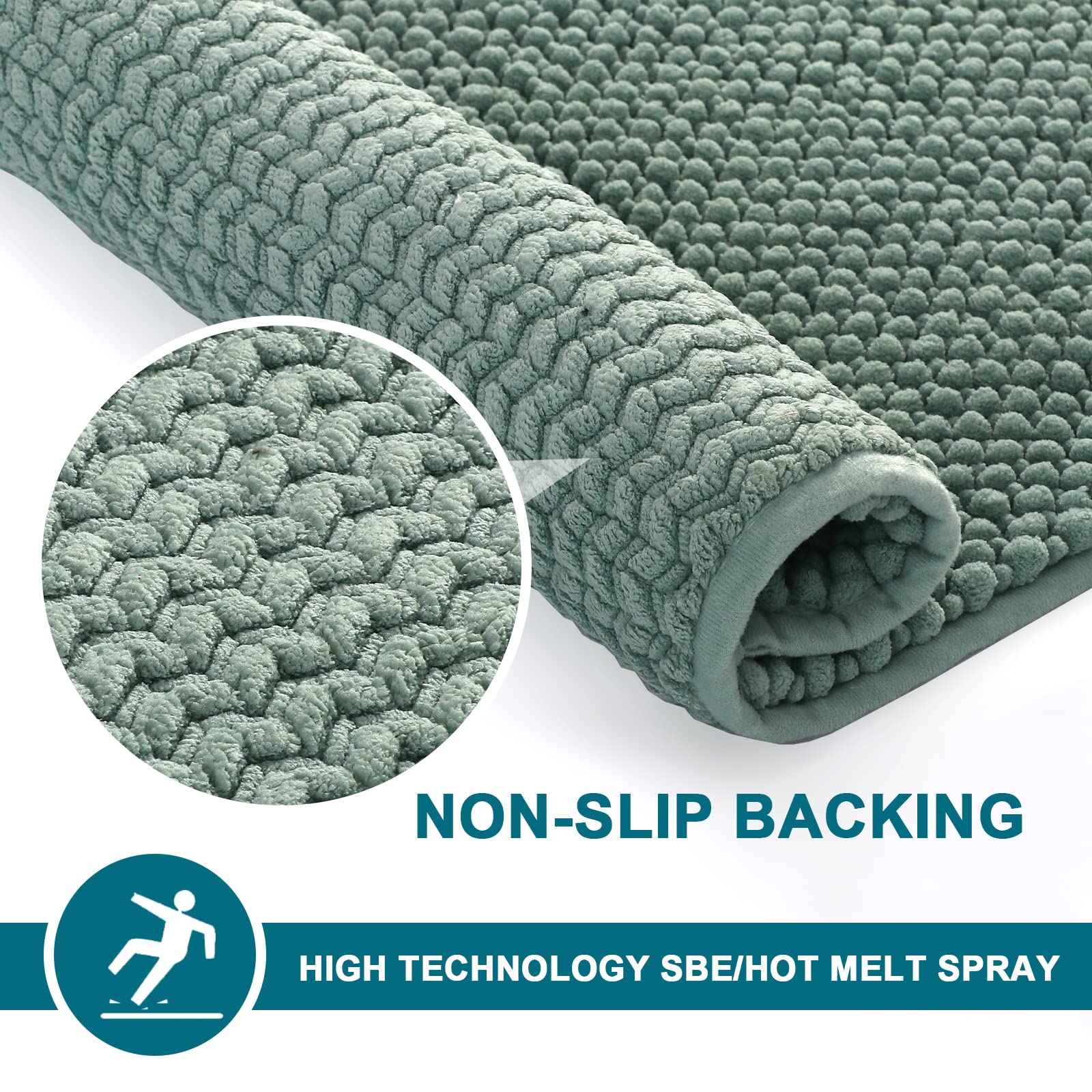 Non-Slip Turquoise Chenille Bath Rug Runner - Super Soft Water Absorbent Shaggy Bath Mat for Bathroom Floor (47