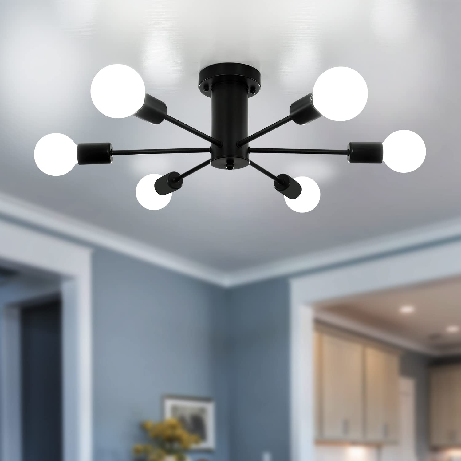 TMMAYSUN 6-Light Modern Sputnik Chandelier Semi Flush Mount Ceiling Light Fixture - Matte Black Farmhouse Lighting for Living Room, Kitchen, Dining Room & Bedroom | Perfect for Home Decor, Interior Design and Ambient Lighting