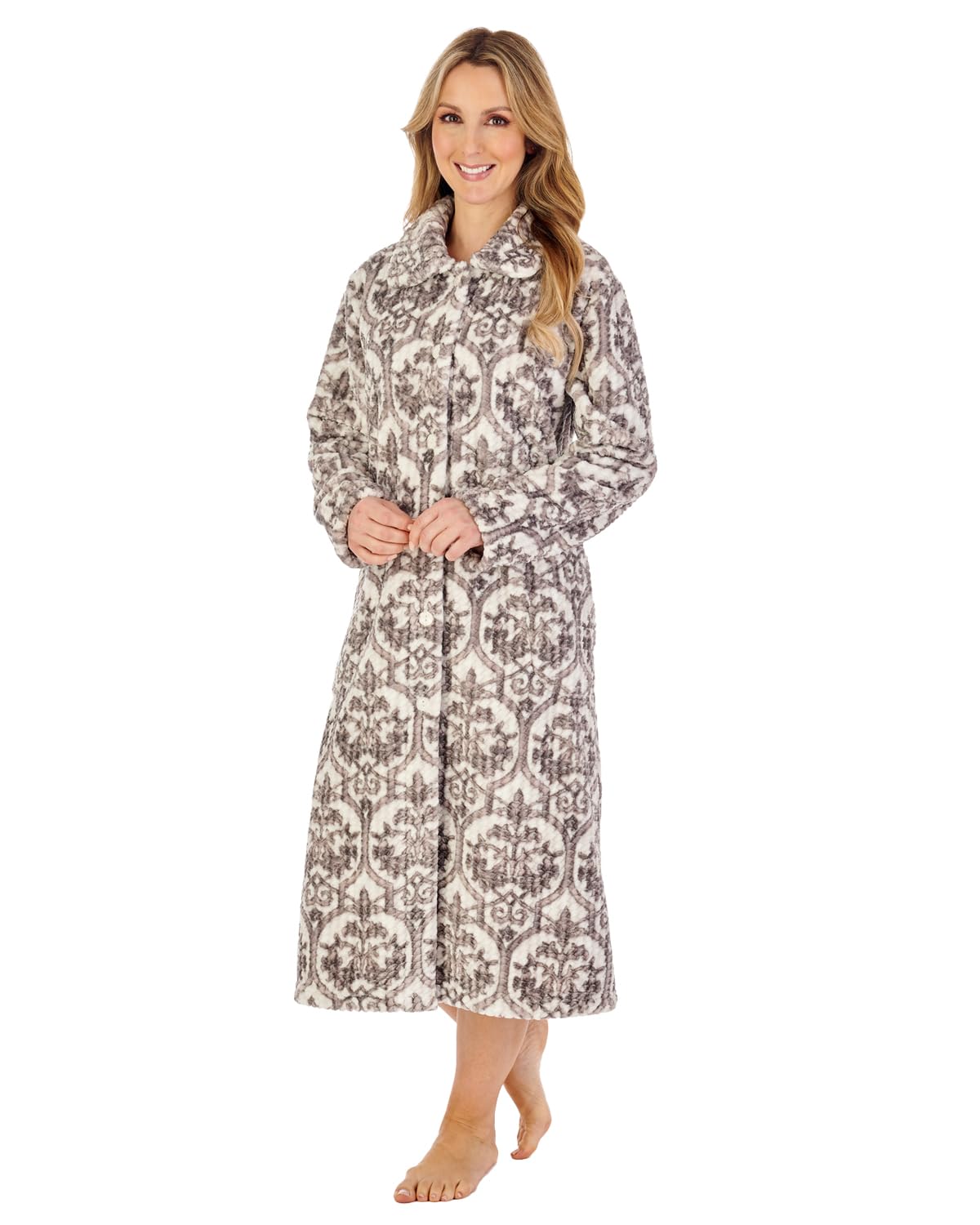 Slenderella Women's Printed Waffle Fleece Robe - Soft Damask Dressing Gown with Button Front - Cozy Housecoat for Lounge, Spa & Relaxation at Home