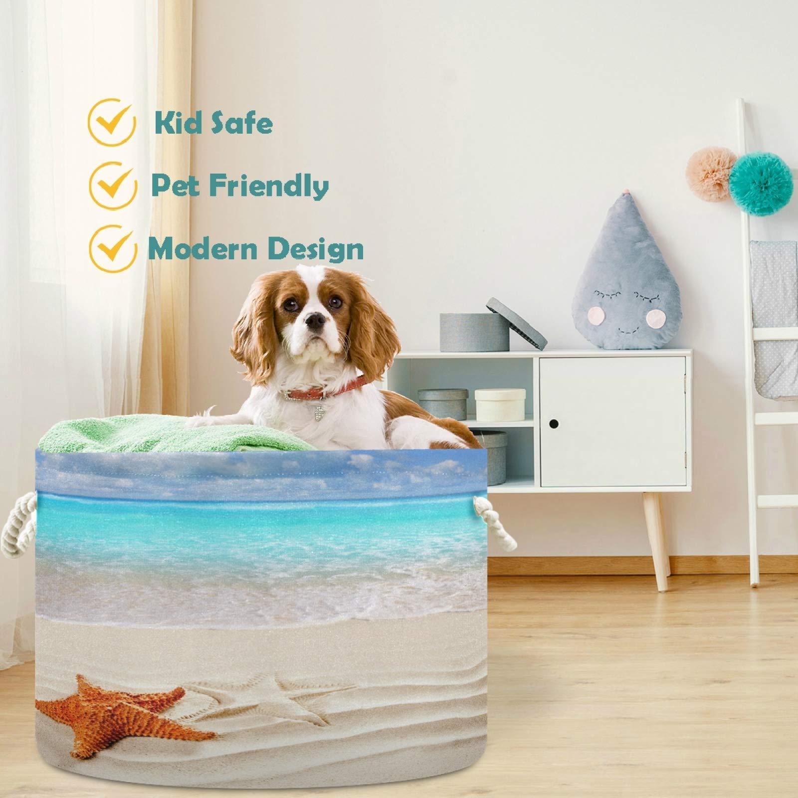 Visesunny Caribbean Starfish Storage Basket - Wavy White Sand Beach Design, Canvas Fabric Toy Organizer Bin for Kids Room, Playroom, Shelves | Perfect for Nursery, Laundry & Home Organization
