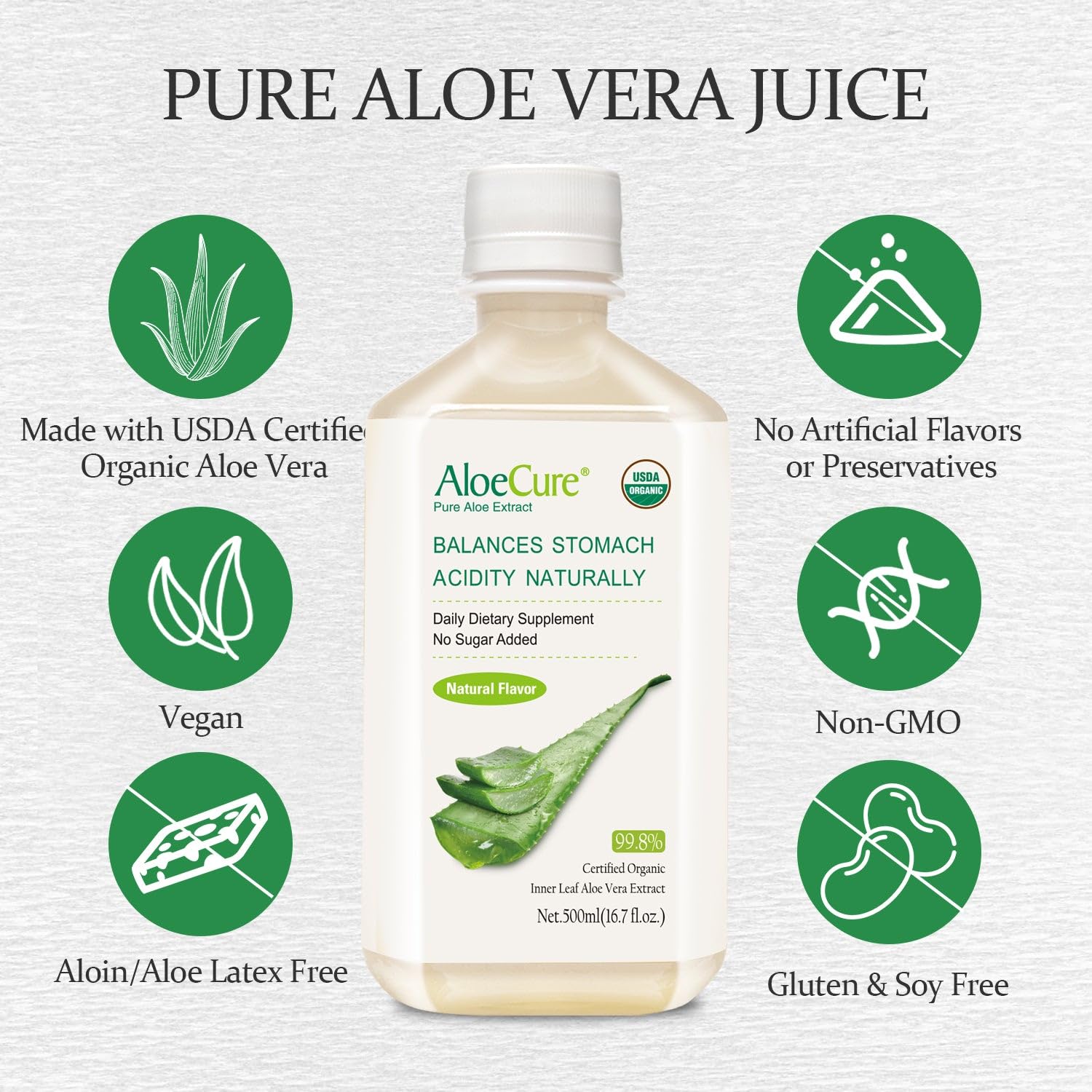 USDA Organic Aloe Vera Juice - Pure Aloe Juice for Digestion, Immune Support & Stomach Health | 18-Pack 500ml Bottles | Fresh Harvest Within 12 Hours | Perfect for Daily Wellness, Detox & Skin Care
