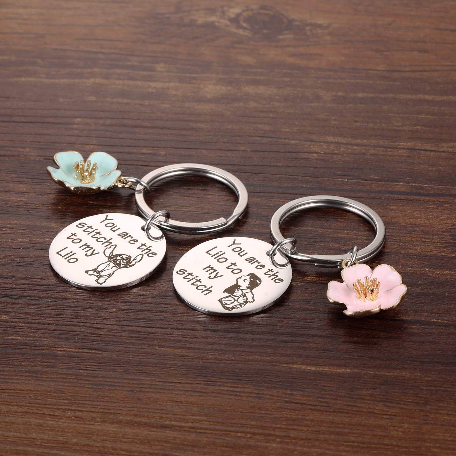 Stitch and Lilo Inspired Keychain Gift Set (2 Pack) - Best Friend BFF Keyrings with Blue & Pink Hibiscus Flowers - Perfect for Disney Fans, Cosplay Jewelry & Collectors - Great for Backpacks, Keychains & Gifts