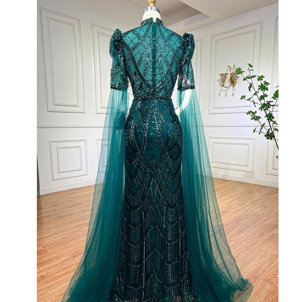 Luxury Emerald Green Evening Dresses with Cape Sleeves - Elegant Women's Wedding Party Gowns for Special Occasions | Serene Hill LA72077 | Perfect for Galas, Proms, and Formal Events