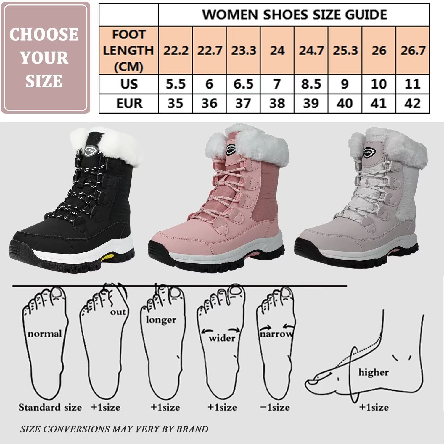 Tanleewa Women's Waterproof Faux Fur Winter Snow Boots - Mid Calf Warm Snow Boots with Anti-Slip Sole for Outdoor Activities, Hiking & Cold Weather Fashion