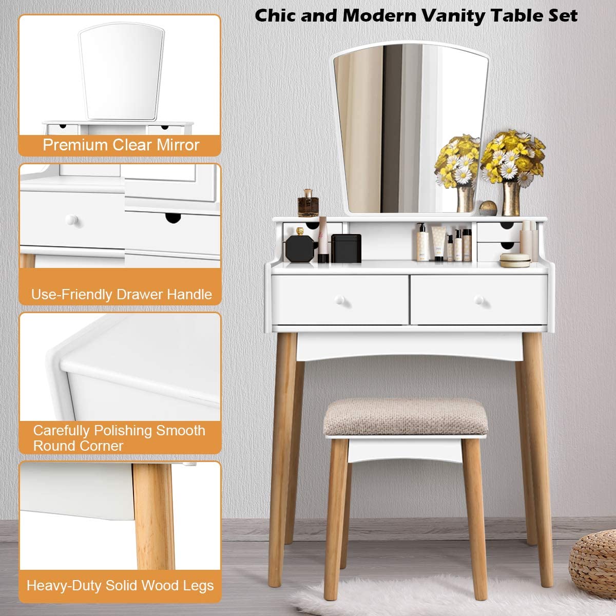 CHARMAID 6-Drawer Makeup Vanity Set with Cushioned Stool & Unique Mirror - Modern Dressing Table for Bedroom & Bathroom - Elegant Vanity Desk for Women & Girls - Perfect for Makeup Organization & Beauty Routine