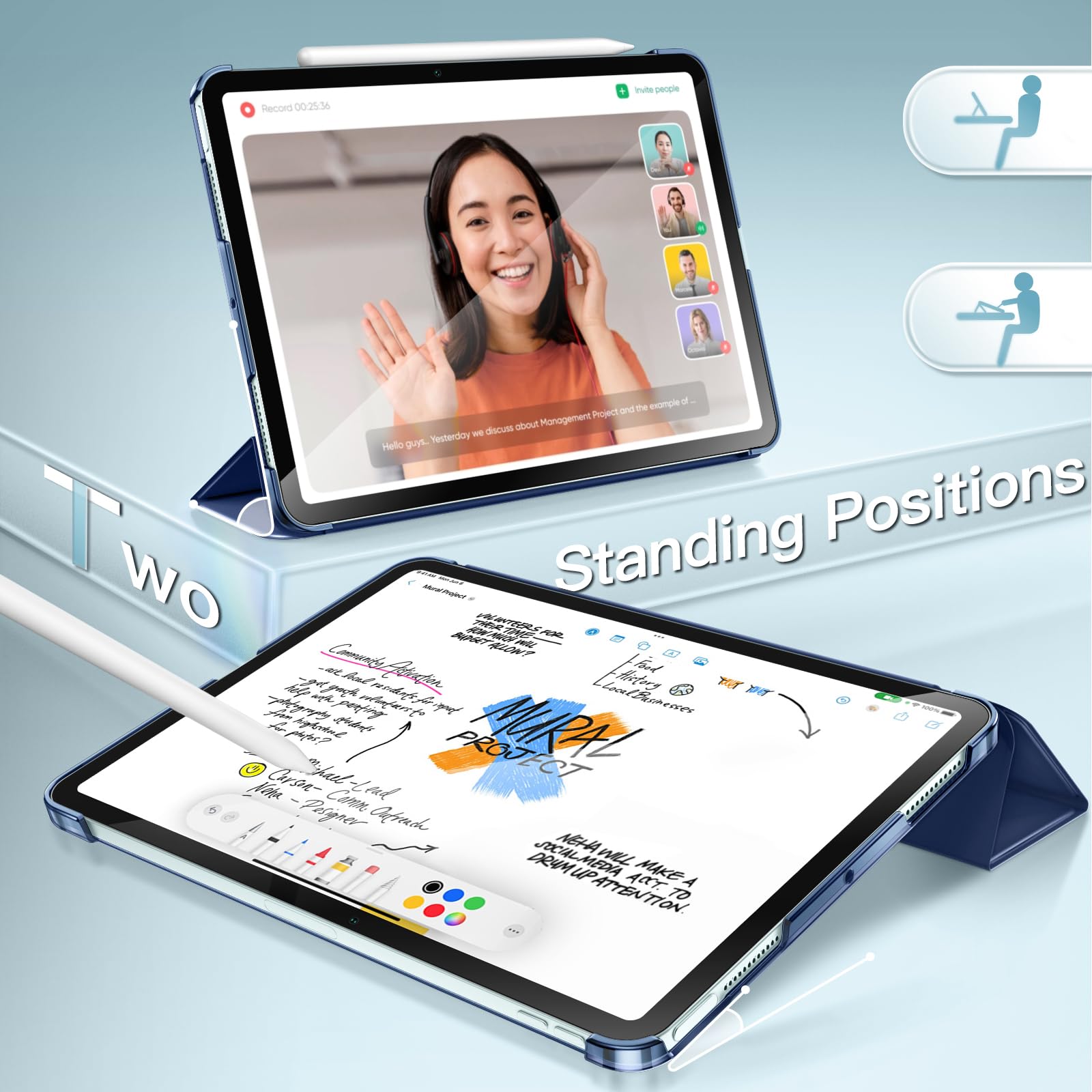 JETech Slim Stand Hard Back Shell Case for iPad Air 11-Inch M3/M2 (2025/2024) & iPad Air 5 (2022 10.9-Inch) - Auto Wake/Sleep Protective Cover (Navy Blue) - Perfect for Work, Travel & Home Use