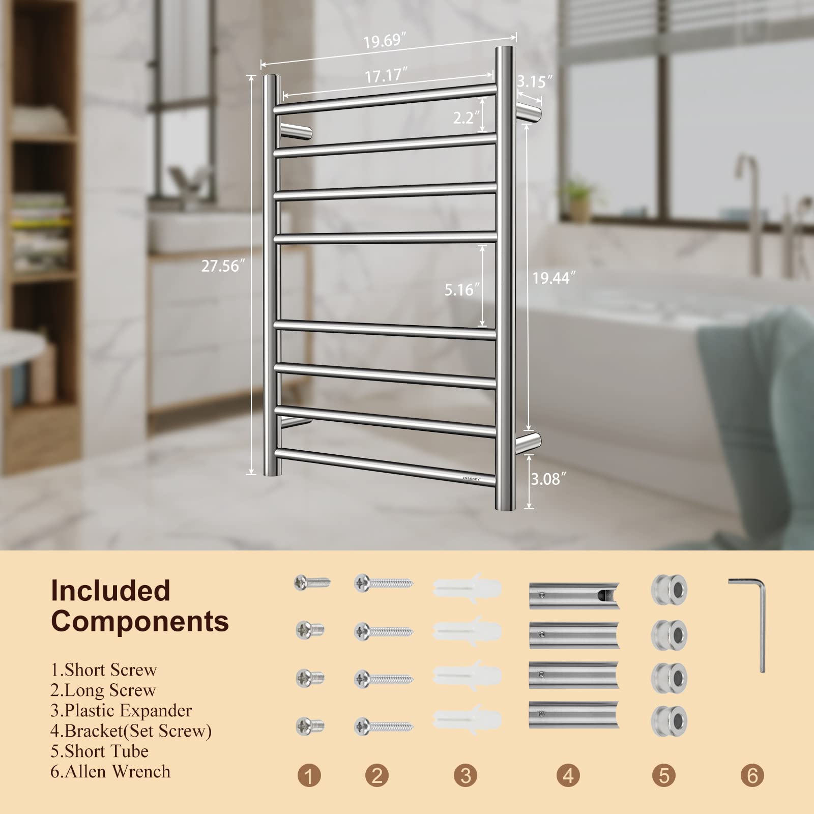 Polished Chrome Electric Heated Towel Warmer - 8 Bar Stainless Steel Wall Mounted Bathroom Towel Rack (70W, 27.56x19.69x4.41 inches) - Perfect for Spa-Like Bathroom Luxury & Quick Drying of Wet Towels