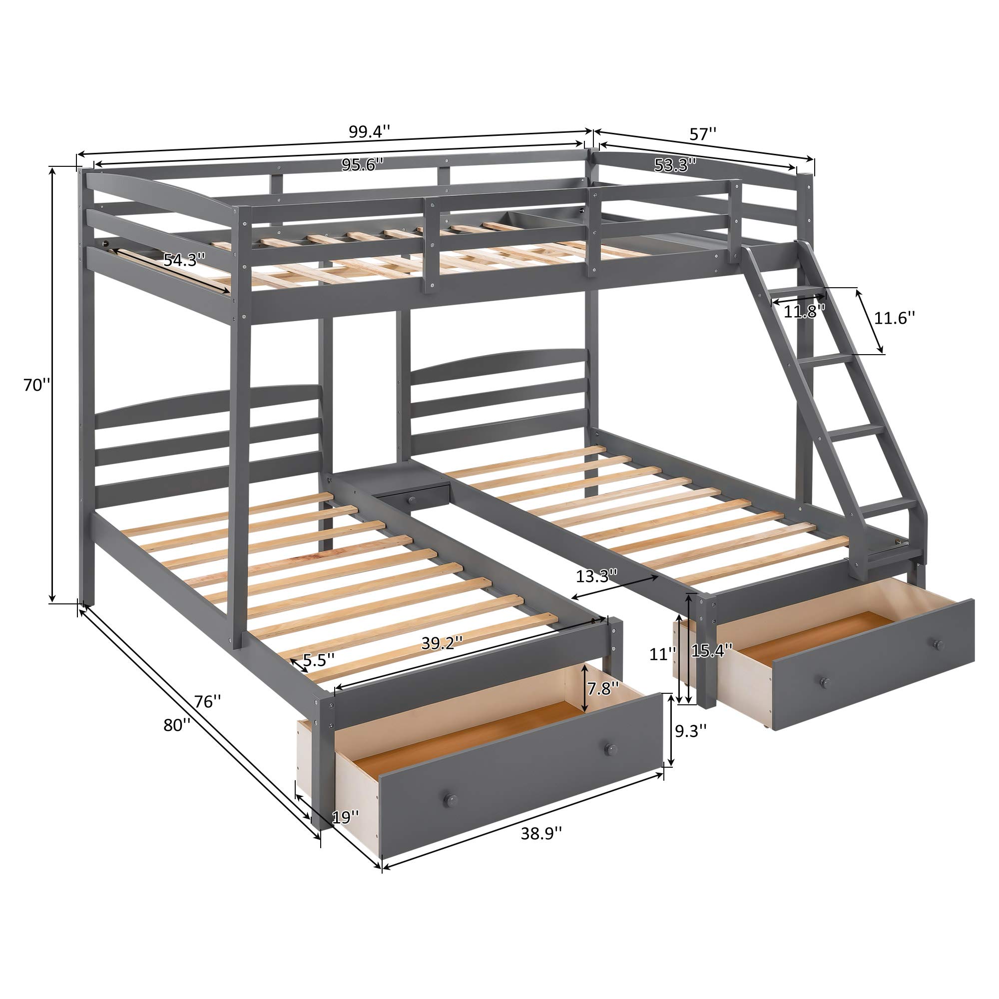 SOFTSEA Full Over Twin & Twin L-Shaped Triple Bunk Bed - 3 Beds in 1 Space-Saving Solution for Kids, Teens & Adults (Grey with Drawers) - Perfect for Small Bedrooms, Guest Rooms & Vacation Homes