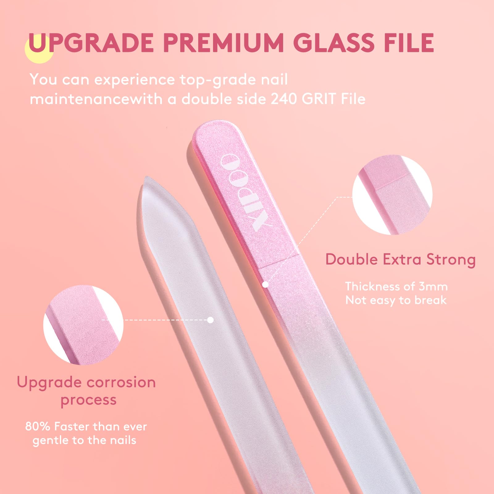 Premium 3-Pack Glass Nail Files with Case - 240 Grit Double Sided Czech Glass Nail File for Natural Nails - Professional Manicure Tools for Women & Girls - Perfect for Travel, Home Use & Stocking Stuffers by XIPOO