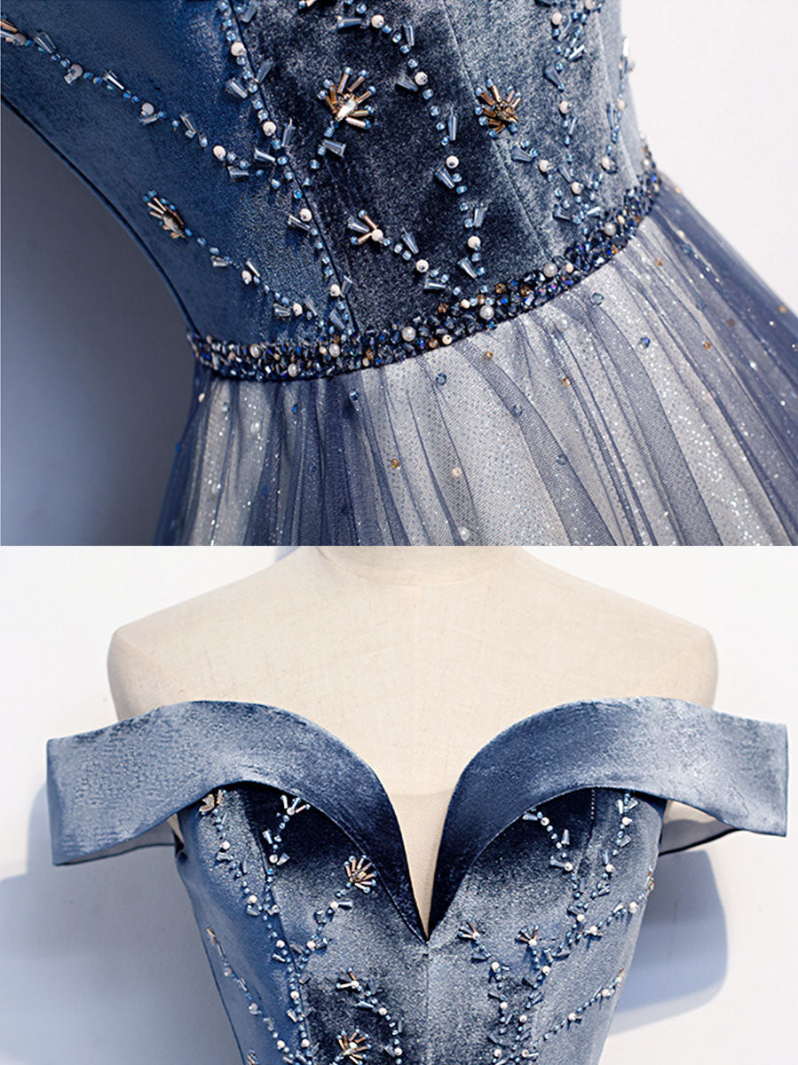 Elegant Blue Tulle Beaded Long Prom Dress for Women - Formal Evening Gown with Beaded Details - Perfect for Prom, Homecoming, Wedding & Special Occasions