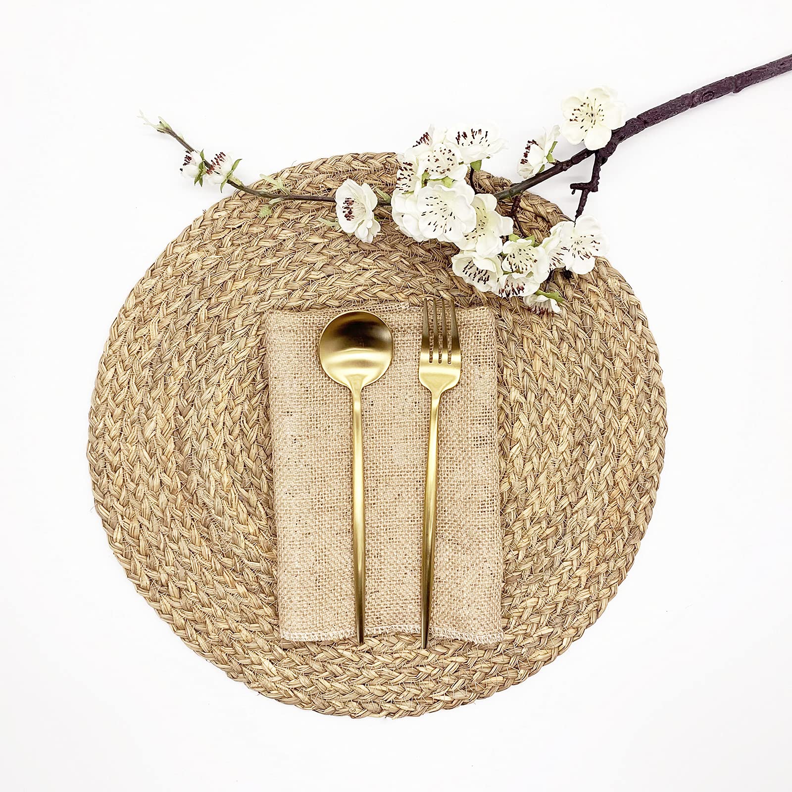 Natural Straw Woven Placemats Set of 6 - 14.17 Inch Round Farmhouse Table Mats for Dining, Indoor & Outdoor Use - Hand Braided Rattan Wicker Place Mats for Rustic Decor, Kitchen, Patio, and Picnic