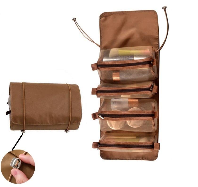 Bluwings 4-in-1 Hanging Roll-Up Foldable Detachable Cosmetic & Stationary Organizer Bag - Makeup Pouch Travel Vanity Toiletry Bag for Women & Girls (Brown) | Perfect for Travel, Home, Dorm & Office Organization