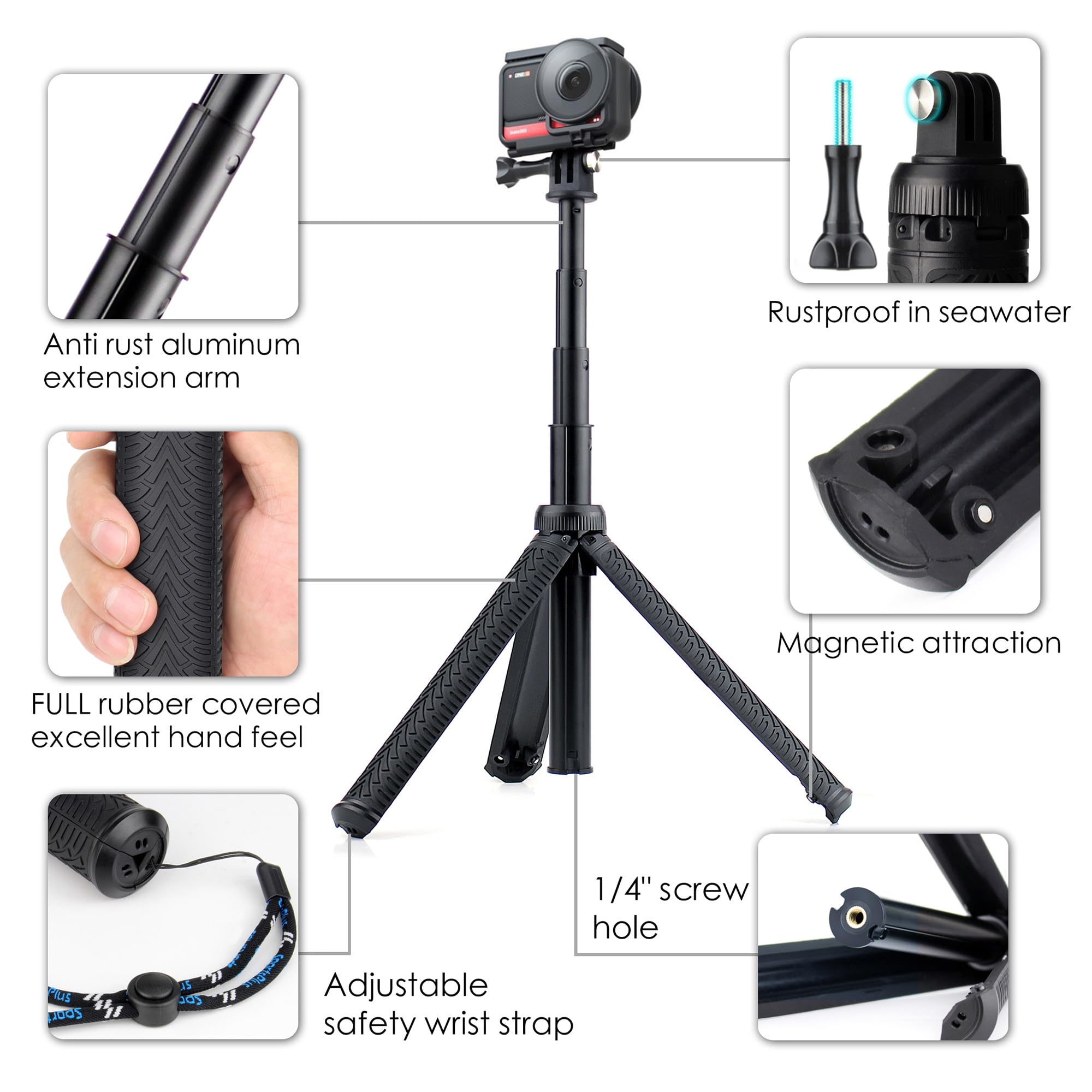 Lightweight Aluminum Selfie Stick for GoPro Hero 13/12/11/10/9/8/7/6/5/4 Max Mini & AKASO SJCAM DJI Action Cameras - Extendable Telescoping Monopod with Floating Grip - Perfect for Water Sports, Travel Vlogging & Outdoor Adventures