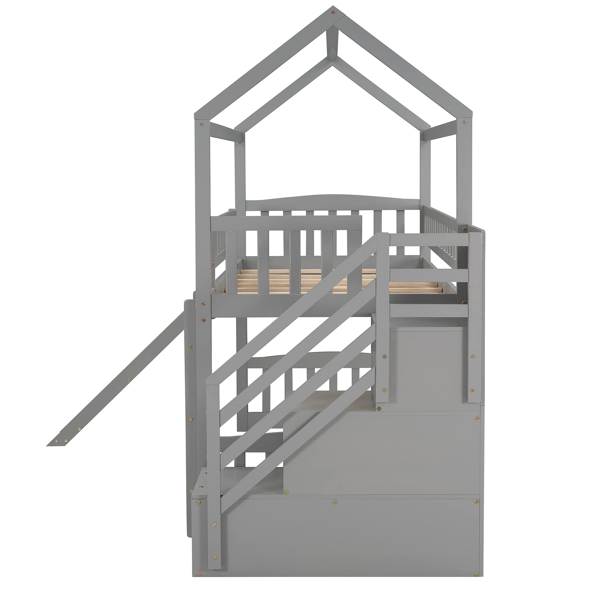 Harper & Bright Designs Twin Loft Bed with Slide, Stairs and Storage - Wooden Kids House Bed Frame for Boys & Girls (Gray) - Perfect for Small Bedrooms, Playrooms & Kids' Sleepovers