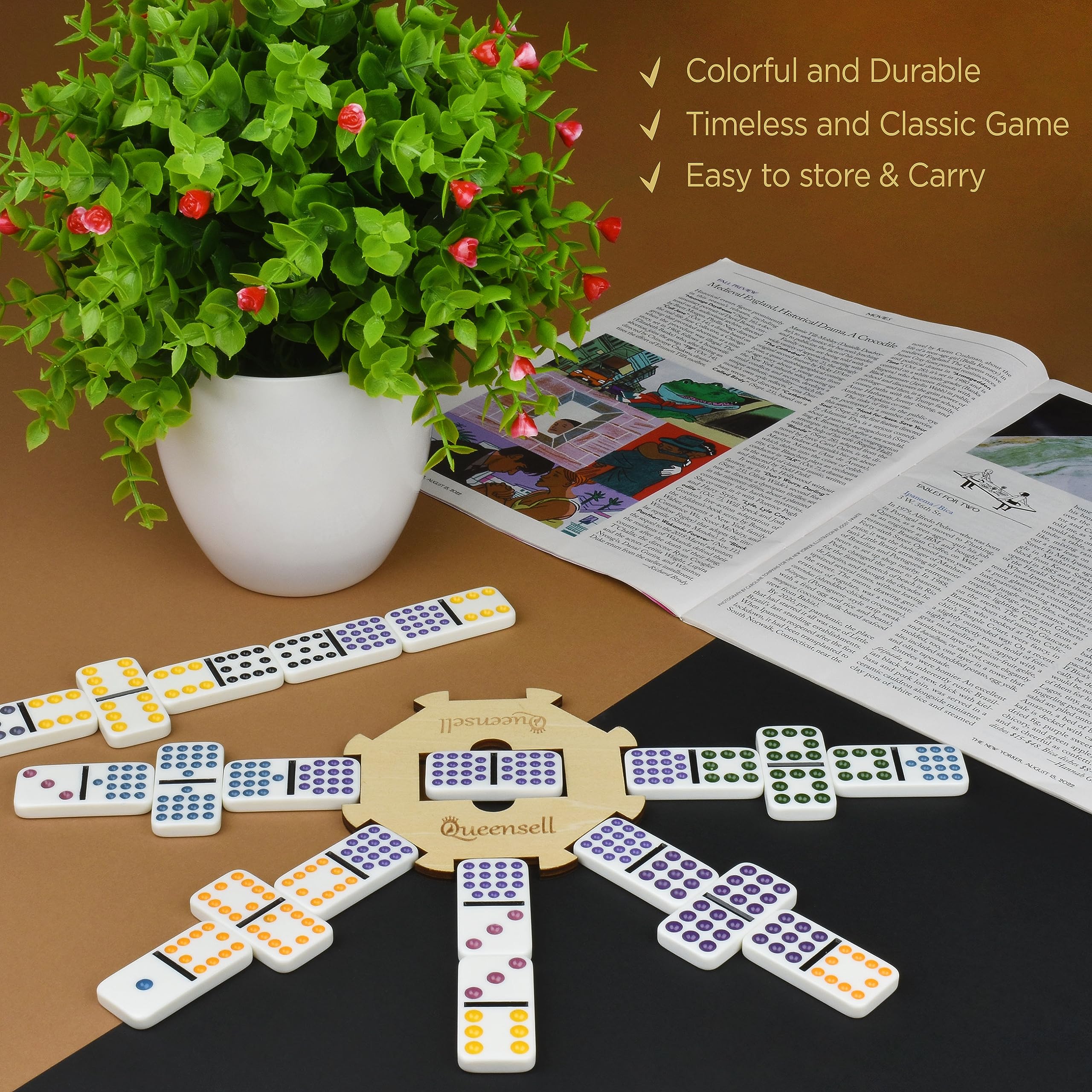 Queensell Mexican Train Dominoes Set Double 15 - 136 Color Dot Tiles with 9 Trains & Wooden Hub in Aluminum Case - Family Board Game for Adults & Kids | Perfect for Game Nights, Parties & Travel