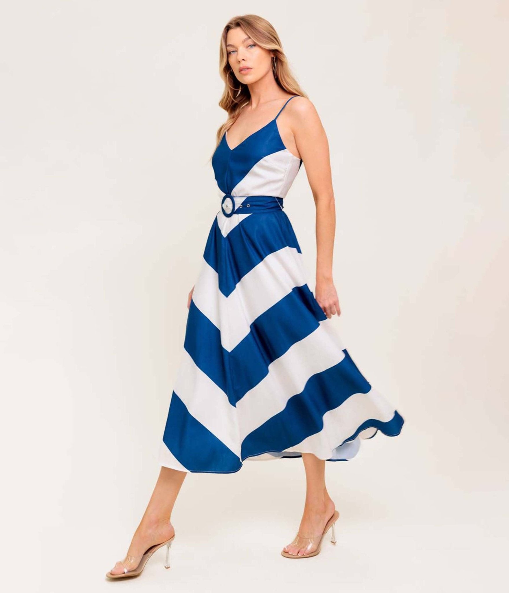 Navy & White Chevron Radiant Heart Woven Midi Dress - Elegant Floral Print Summer Dress for Women, Perfect for Beach Vacation, Date Night & Casual Outings