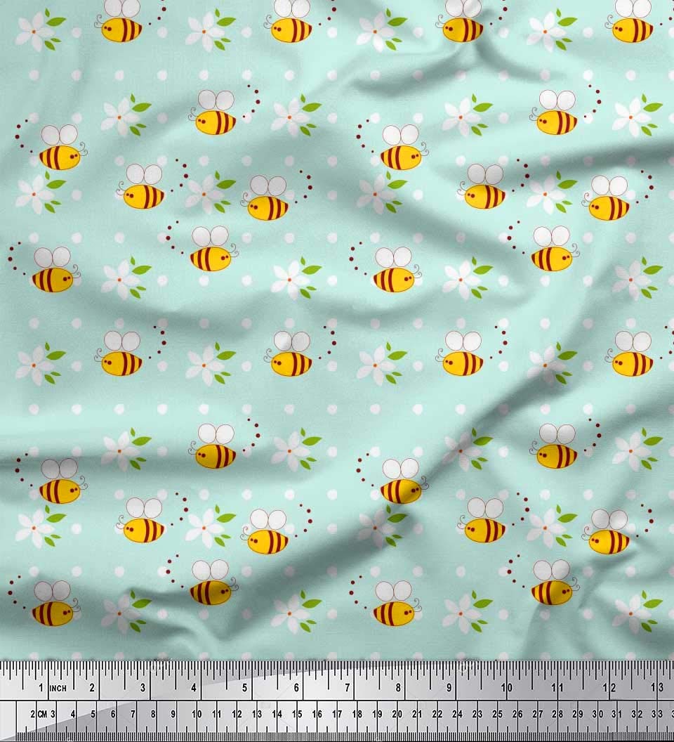 Soimoi Rayon Green Fabric - Floral Honey Bee Print for Dresses & Crafts