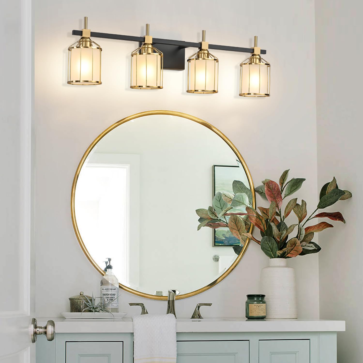 SOLFART 4-Light Modern Bathroom Vanity Lighting Set - Black Brass Finish with Frosted Glass Shades - Perfect for Bathroom Mirror Illumination and Home Decor Upgrade