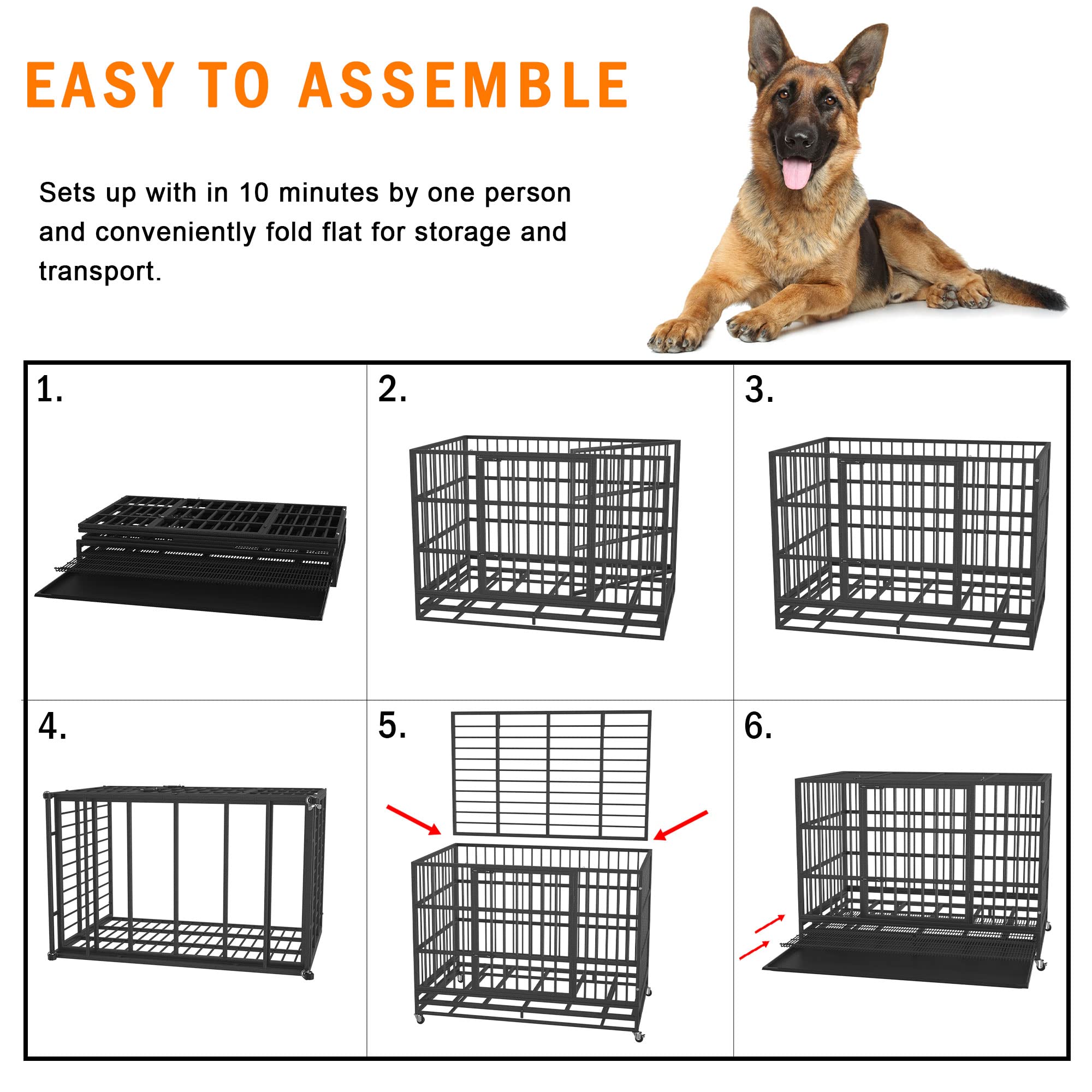 48/42/38 Inch Heavy Duty Dog Crate Cage with Wheels - Indestructible & Escape Proof Steel Kennel for Large Dogs - XL XXL Extra Large Pet Crate with Double Door, Sturdy Locks & Removable Tray - Perfect for Indoor Use, Travel & High Anxiety Dogs (Ideal for Home, Vet Visits & Car Trips)