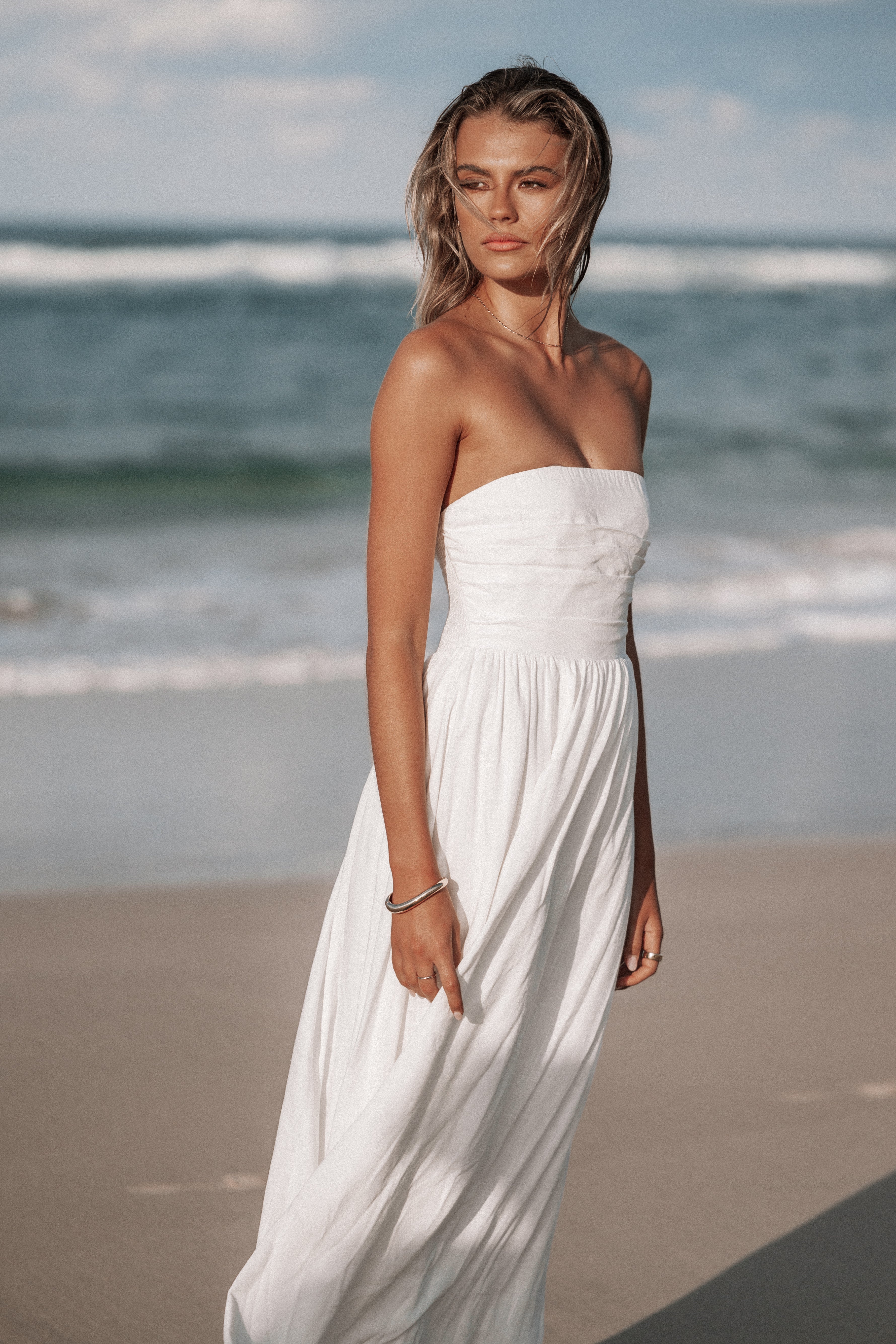Kayt Strapless Dress - Elegant White Summer Dress for Women | Perfect for Weddings, Parties & Beach Vacations