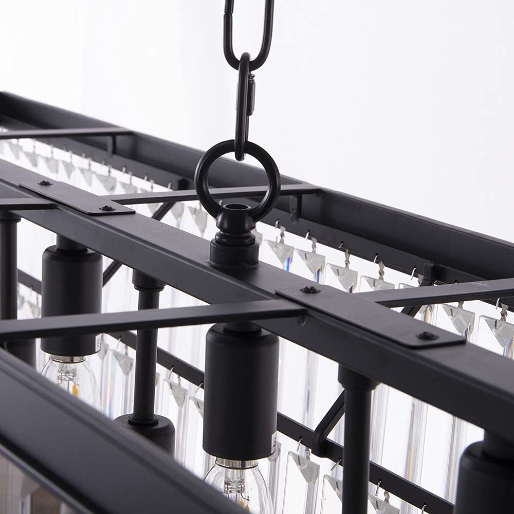 Modern Black Crystal Chandelier - 9-Light Adjustable Rectangle Ceiling Light for Dining Room, Living Room & Kitchen Island | Farmhouse Style Pool Table Lighting Fixture | Elegant Home Decor for Weddings, Restaurants and Luxury Spaces