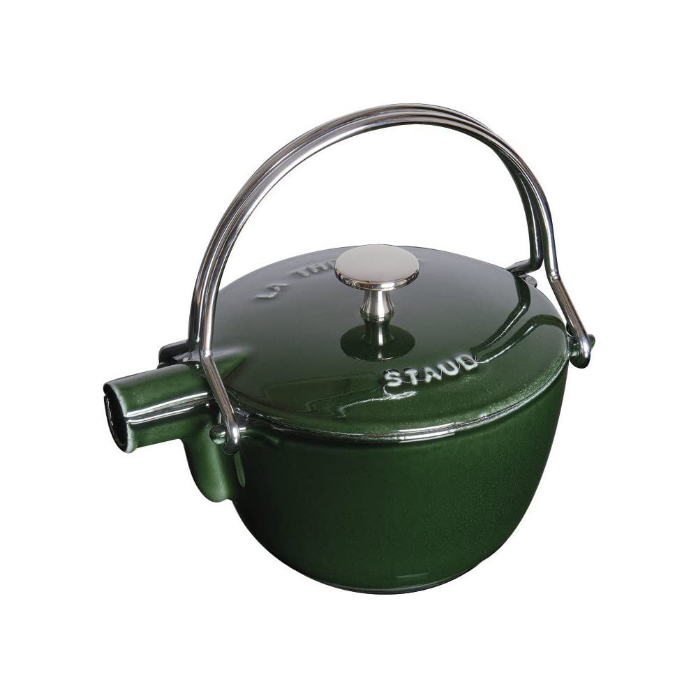 Staub 1-Quart Cast Iron Round Tea Kettle - Basil Green, French Enameled Cookware for Stovetop & Tea Brewing - Perfect for Home Kitchen, Camping & Gift Giving