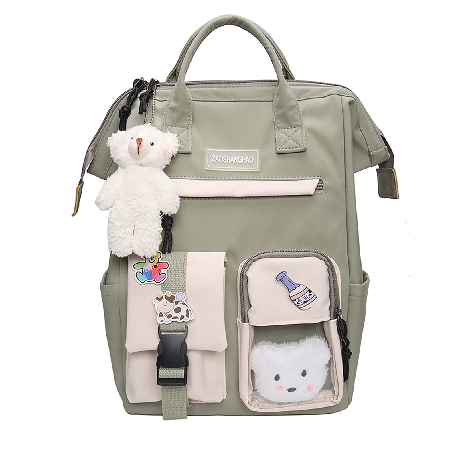 Cute Kawaii Backpack for School Girls with Plush Pendant - Lightweight Waterproof Bookbag for Teens, College Students & Travel (Green) | Perfect for Everyday Use, Campus Life & Weekend Adventures