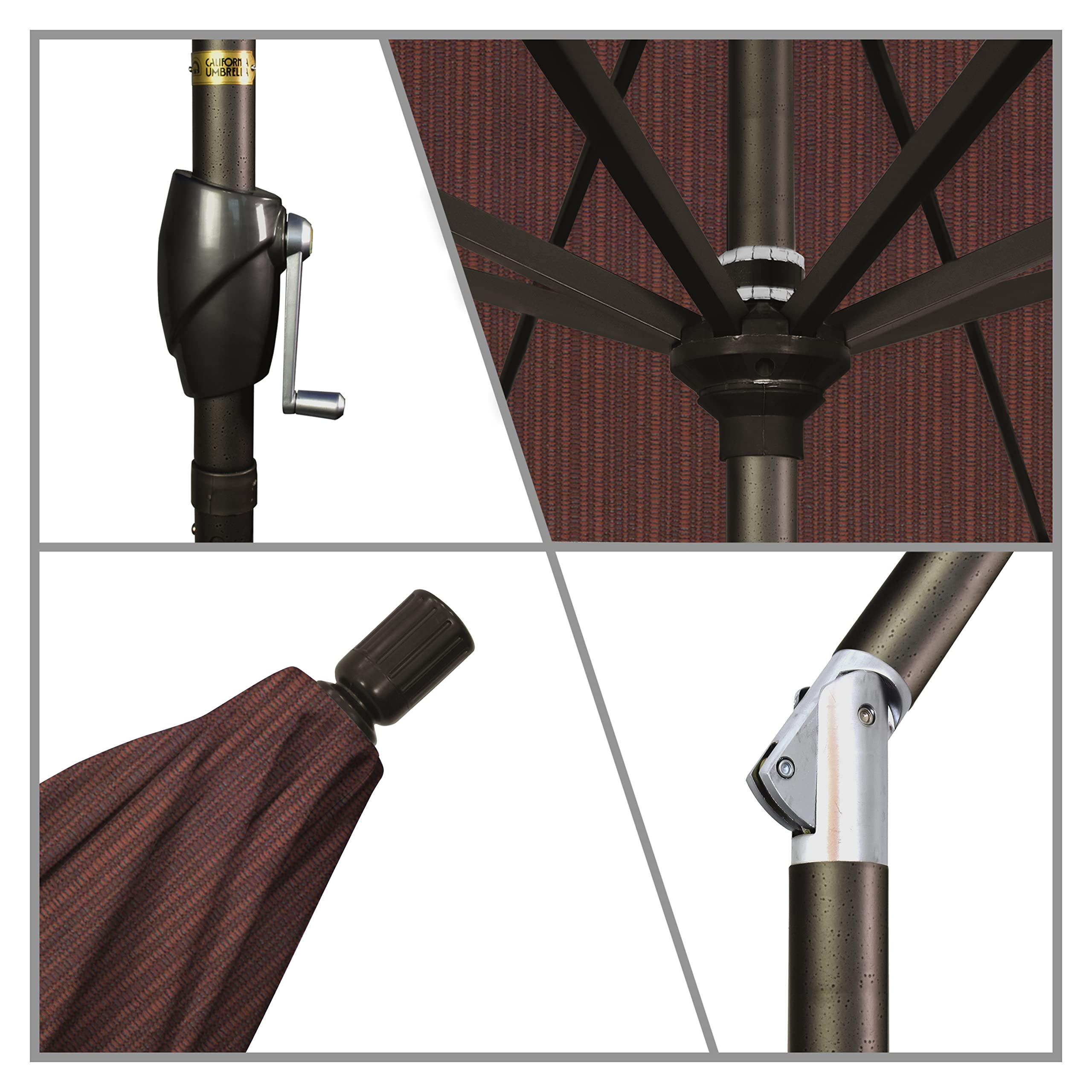 9' Round Aluminum Market Umbrella with Crank Lift & Push Button Tilt - Bronze Pole California Patio Umbrella - Waterproof Olefin Fabric for Outdoor Dining, Backyard, Terrace, and Poolside Use