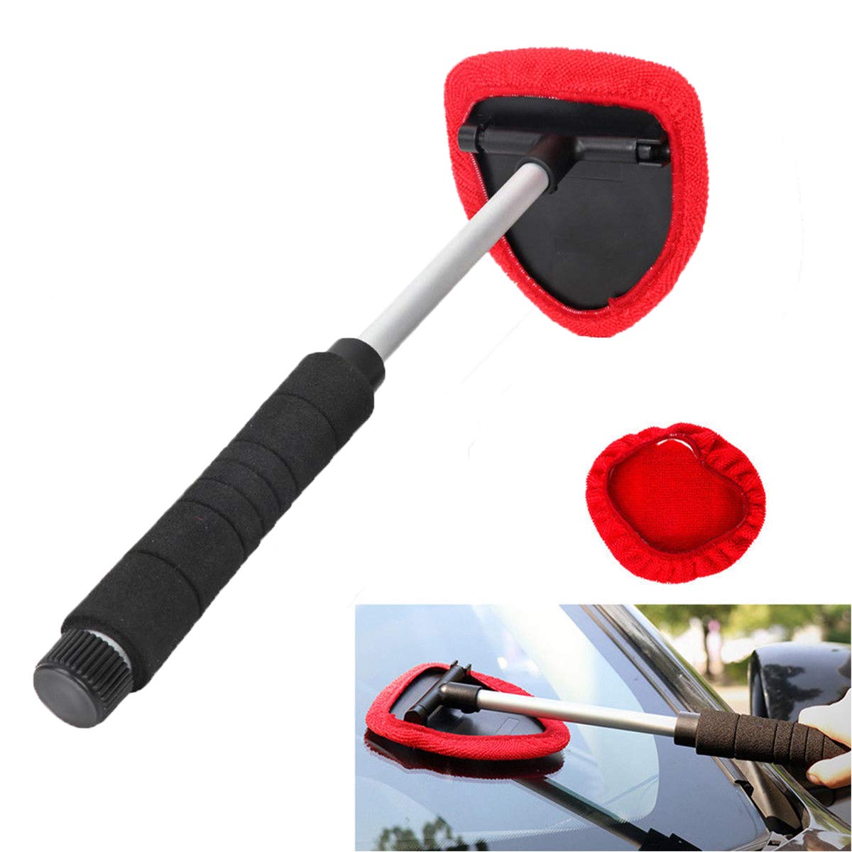 MASO Adjustable Handle Car Windscreen Cleaner - Long Reach Auto Window Glass Cleaning Brush with Microfiber Cloth for Home & Kitchen (Red, 1PCS) - Perfect for Hard-to-Reach Windows and Windshields