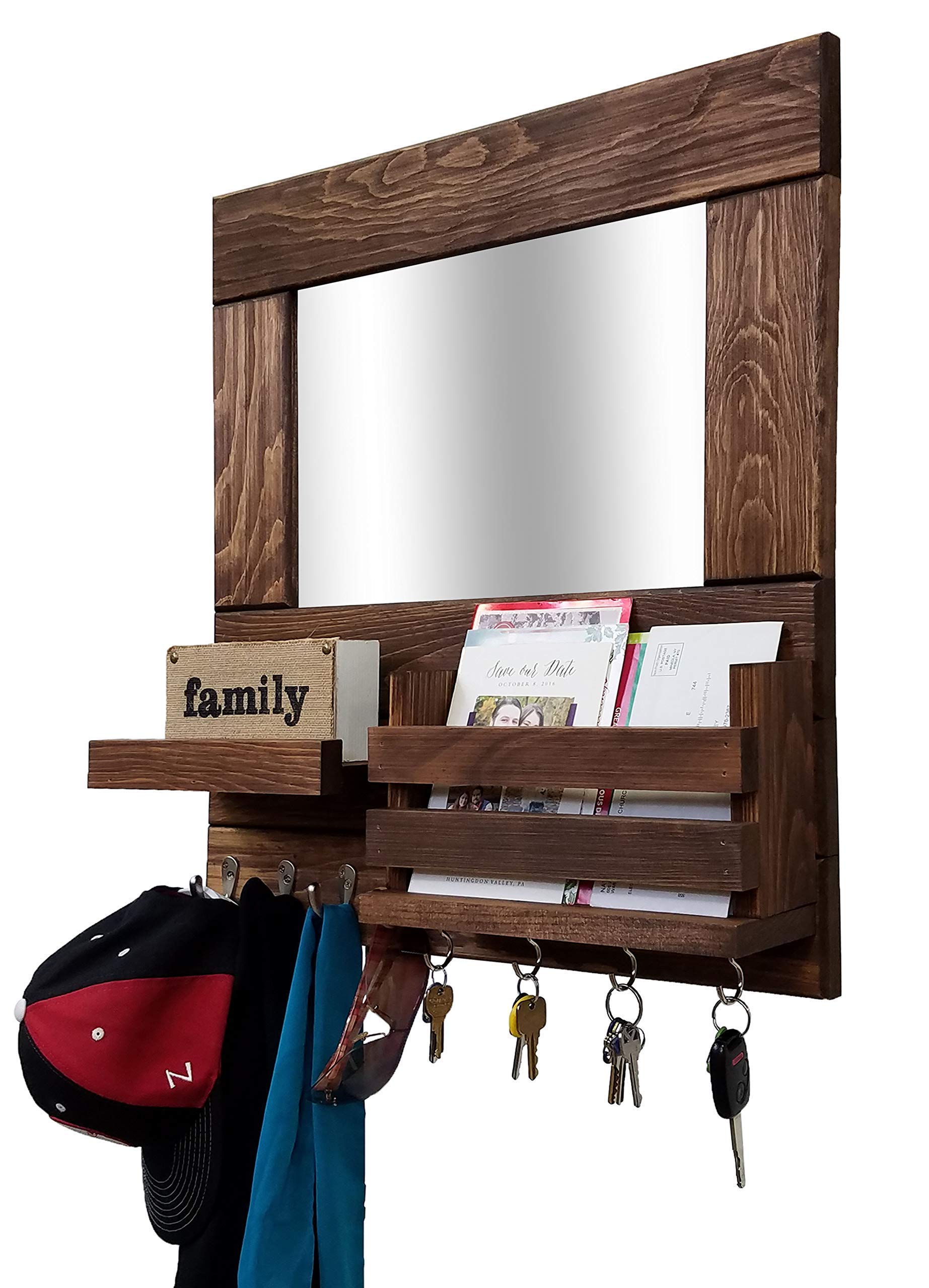 Bristol Wall Organizer with Mirror, Mail Holder, and Hooks - 20 Stain Colors - Farmhouse Entryway Shelf for Keys, Mail & Decor - Perfect for Hallway, Living Room, and Bedroom Organization