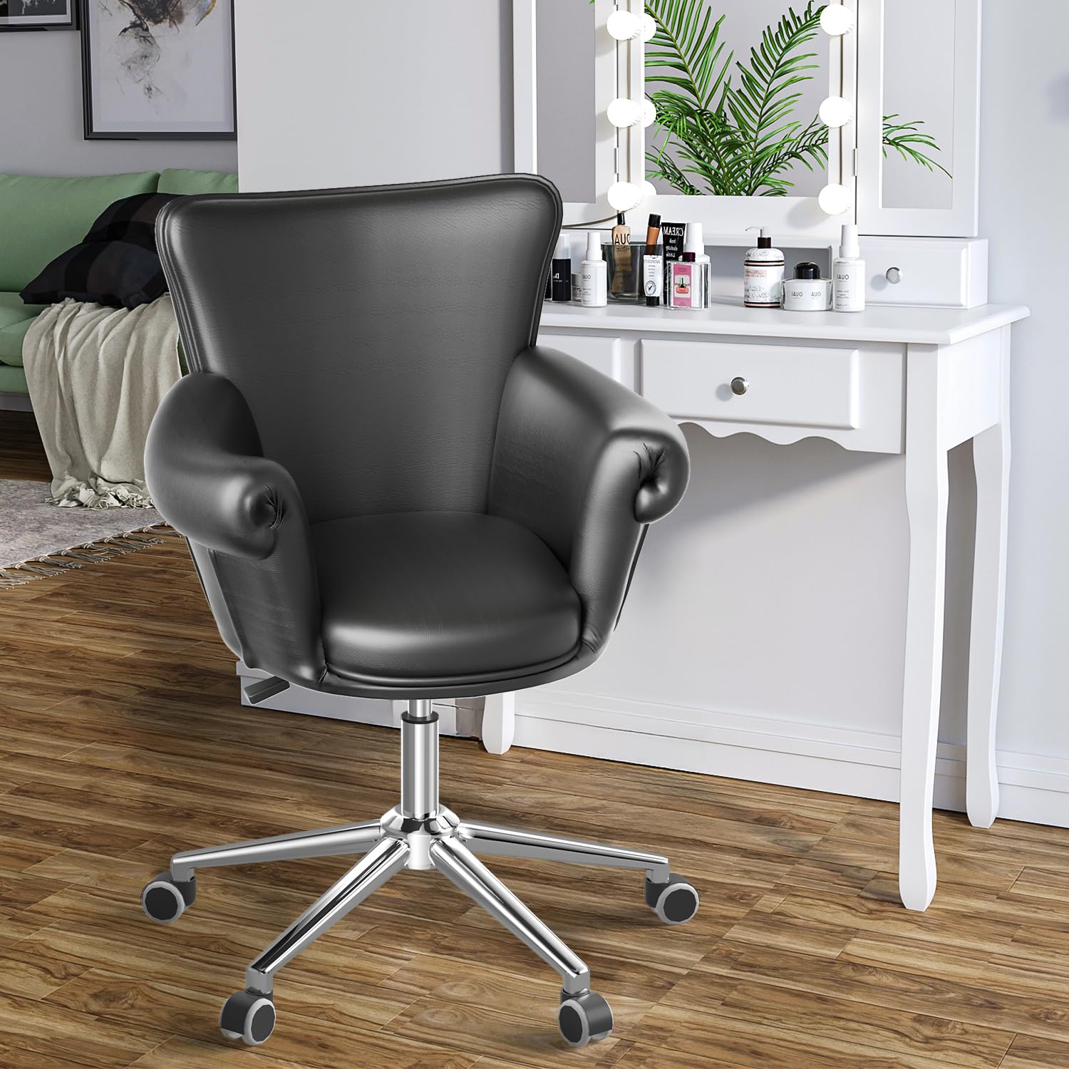 Magshion Adjustable Height Vanity Chair - 360° Swivel Beauty Salon Stool with Tufted Upholstery (200 lbs Capacity) - Perfect for Nail Spa, Home Office, Makeup Dressing Table & Bar Counter - Black