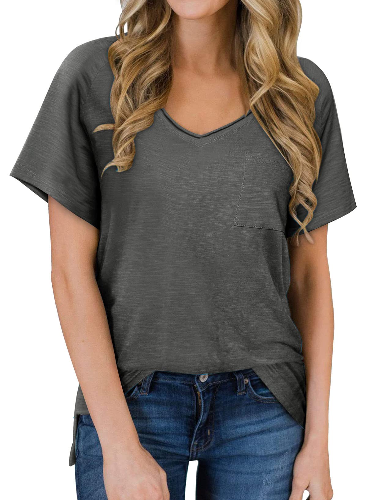Biucly Women's Short Sleeve V-Neck T-Shirt - Loose Fit Casual Pocket Tee for Everyday Wear, Work & Weekend Outings
