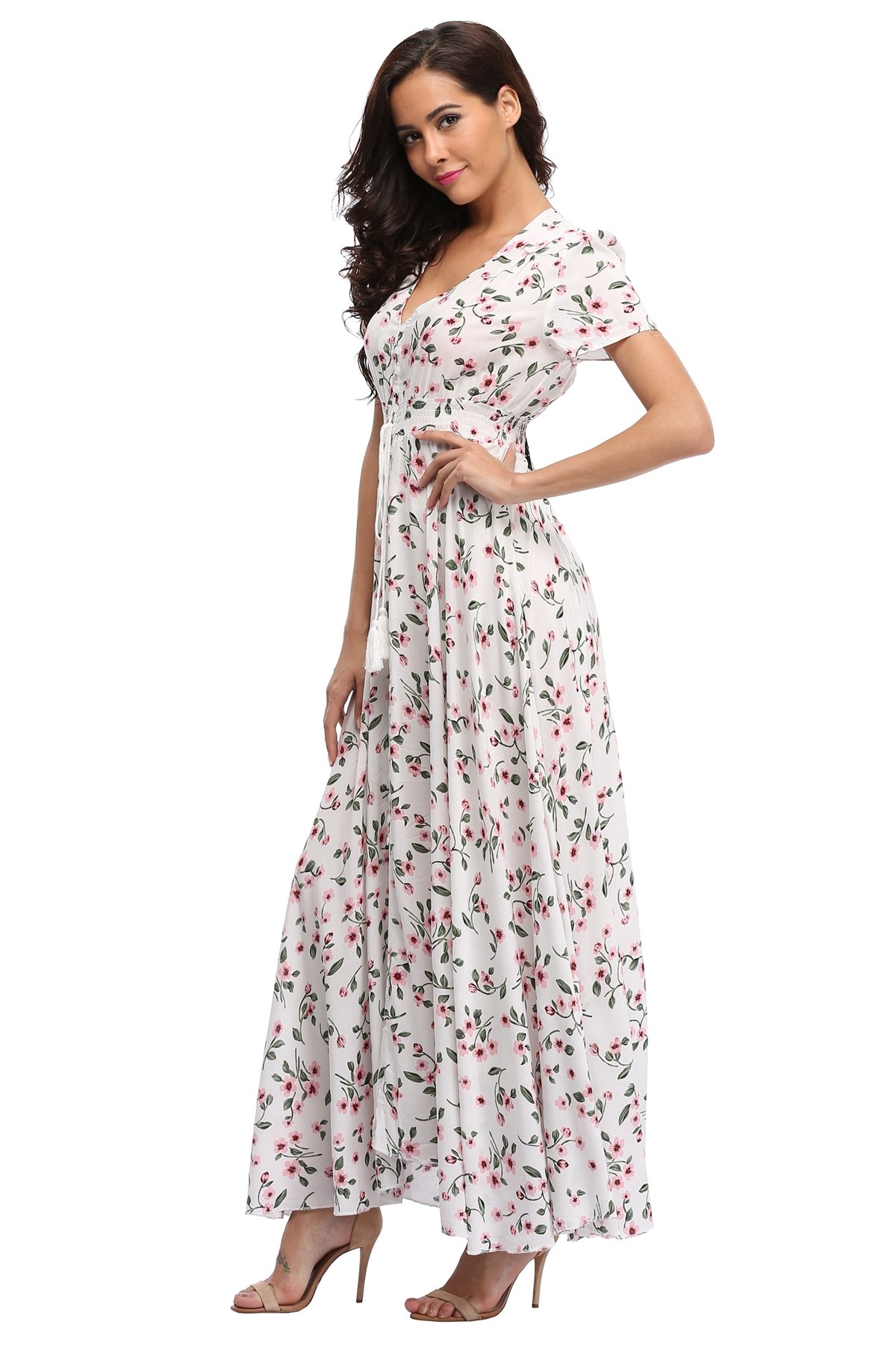 Boho Floral Maxi Dress for Women - Summer Button Up Split Flowy Beach Party Dress - Perfect for Vacations, Weddings & Tropical Getaways