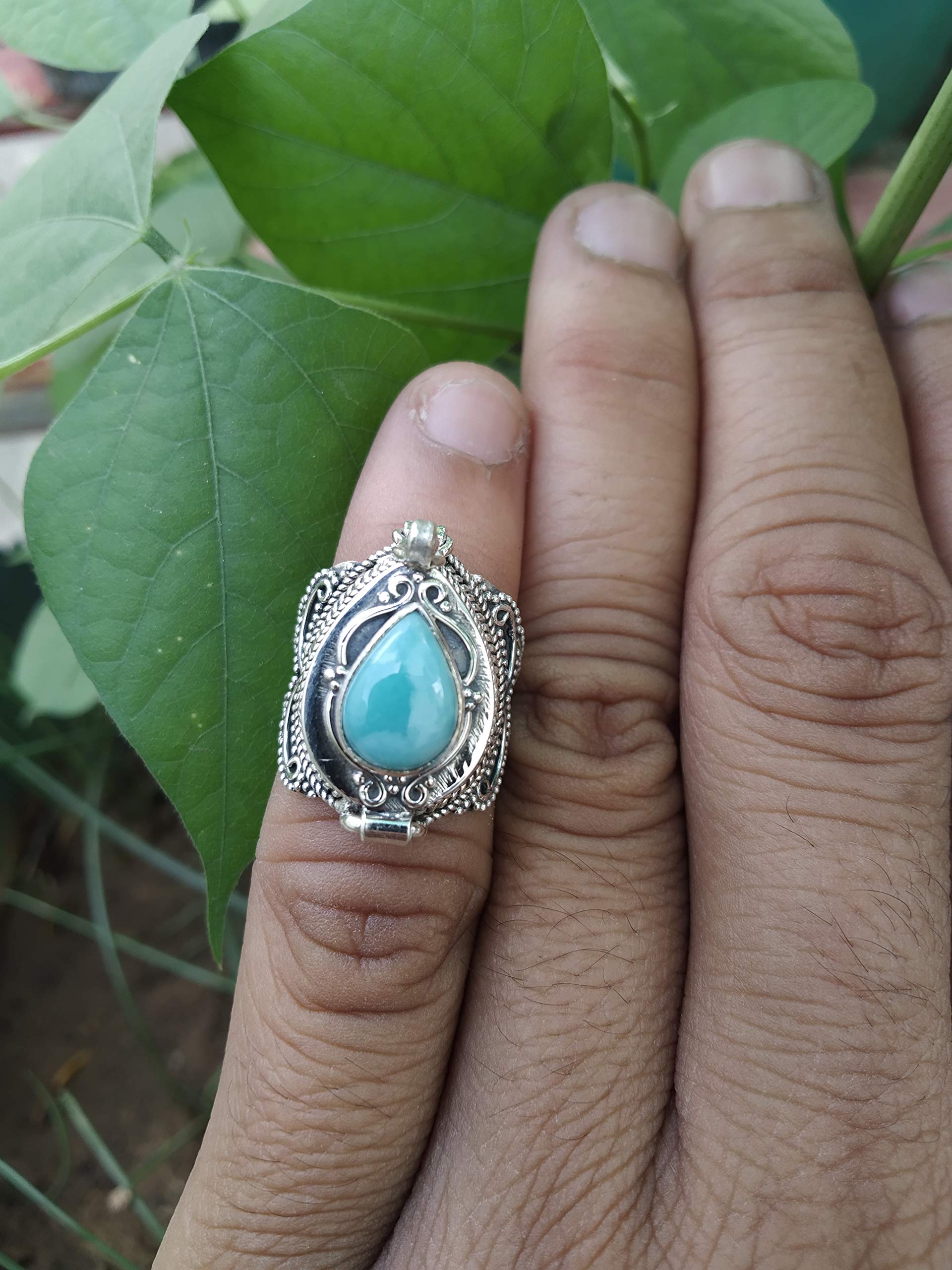 Larimar Poison Ring - Handmade 925 Sterling Silver Vintage Style Openable Secret Box Ring | Unique Mother's Day Gift for Women & Men | Perfect for Jewelry Collections, Special Occasions & Surprise Gifts