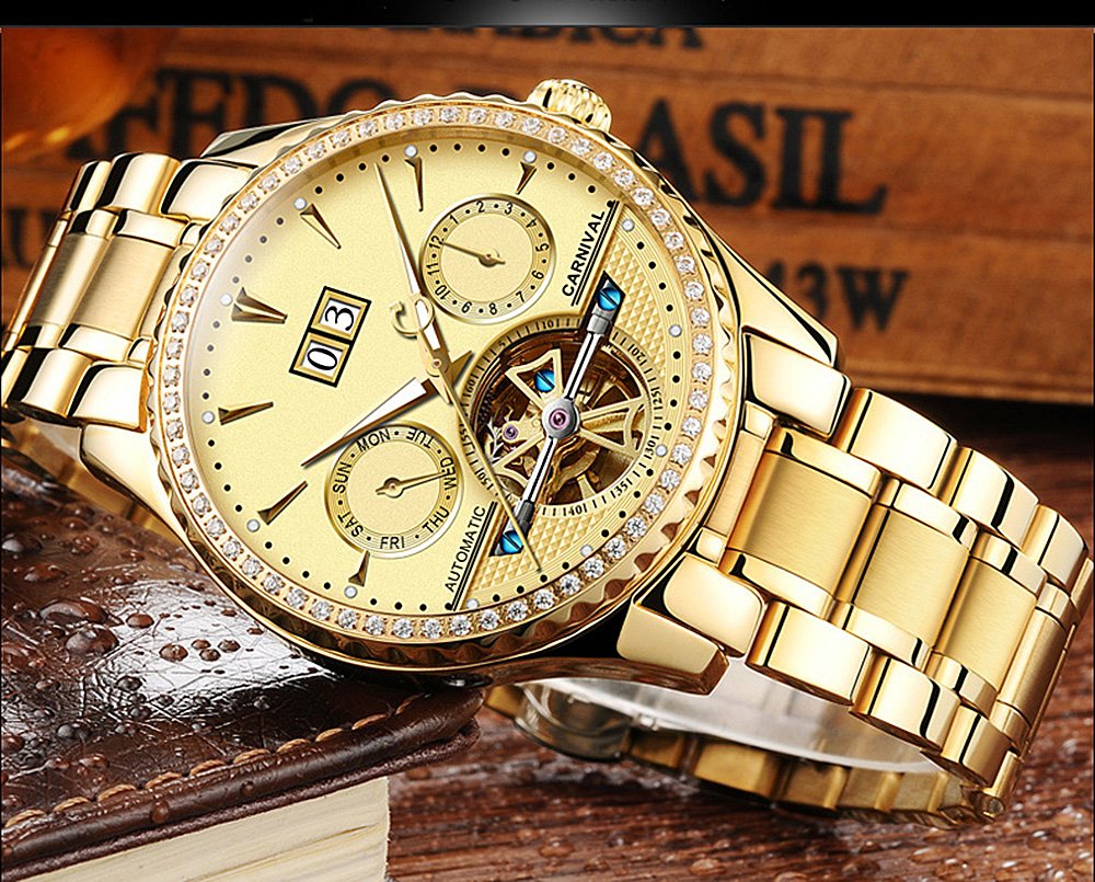 Luxury PASOY Men's Automatic Mechanical Tourbillon Watch - Stainless Steel Case, Blue Dial with Date & Diamond Markers (Gold) - Perfect for Business, Formal Events & Gift Giving