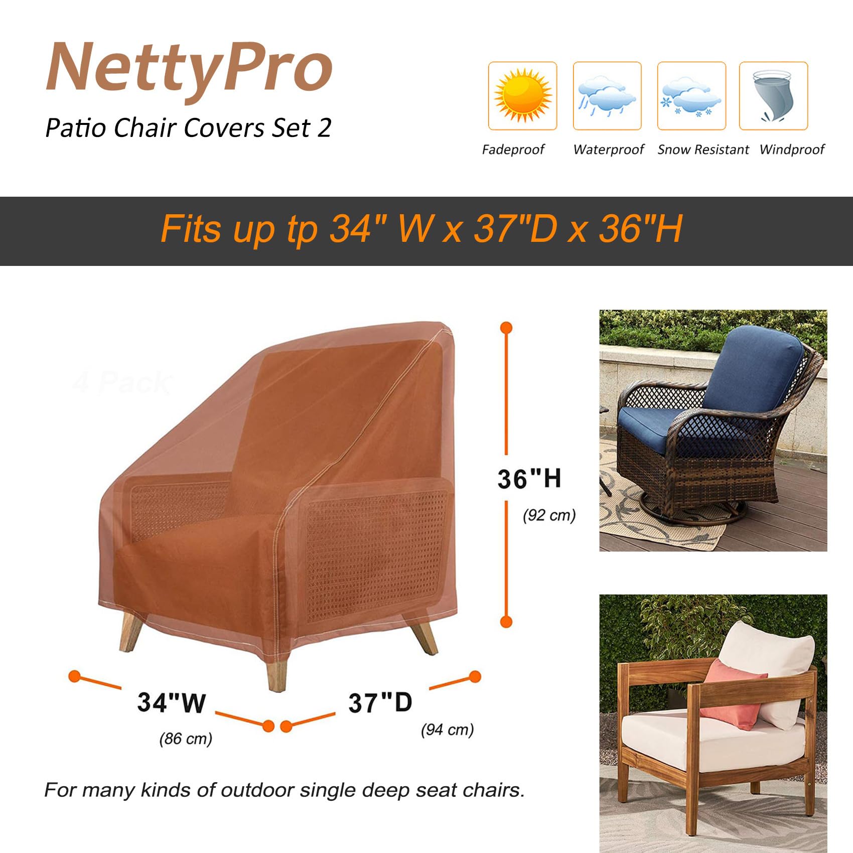 Waterproof Heavy Duty Patio Chair Covers 2 Pack - Outdoor Furniture Covers for Deep Seat High Back Dining Chairs (34W x 37D x 36H inches, Brown) - Perfect for Lawn, Garden & Backyard Protection