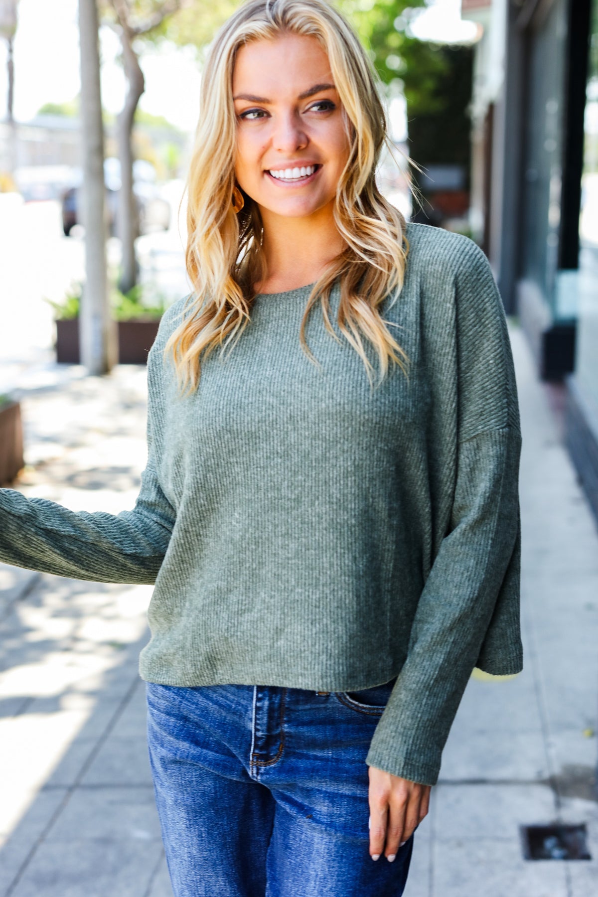 Olive Ribbed Dolman Cropped Sweater for Women | Trendy Casual Pullover | Perfect for Fall Layering & Coffee Dates