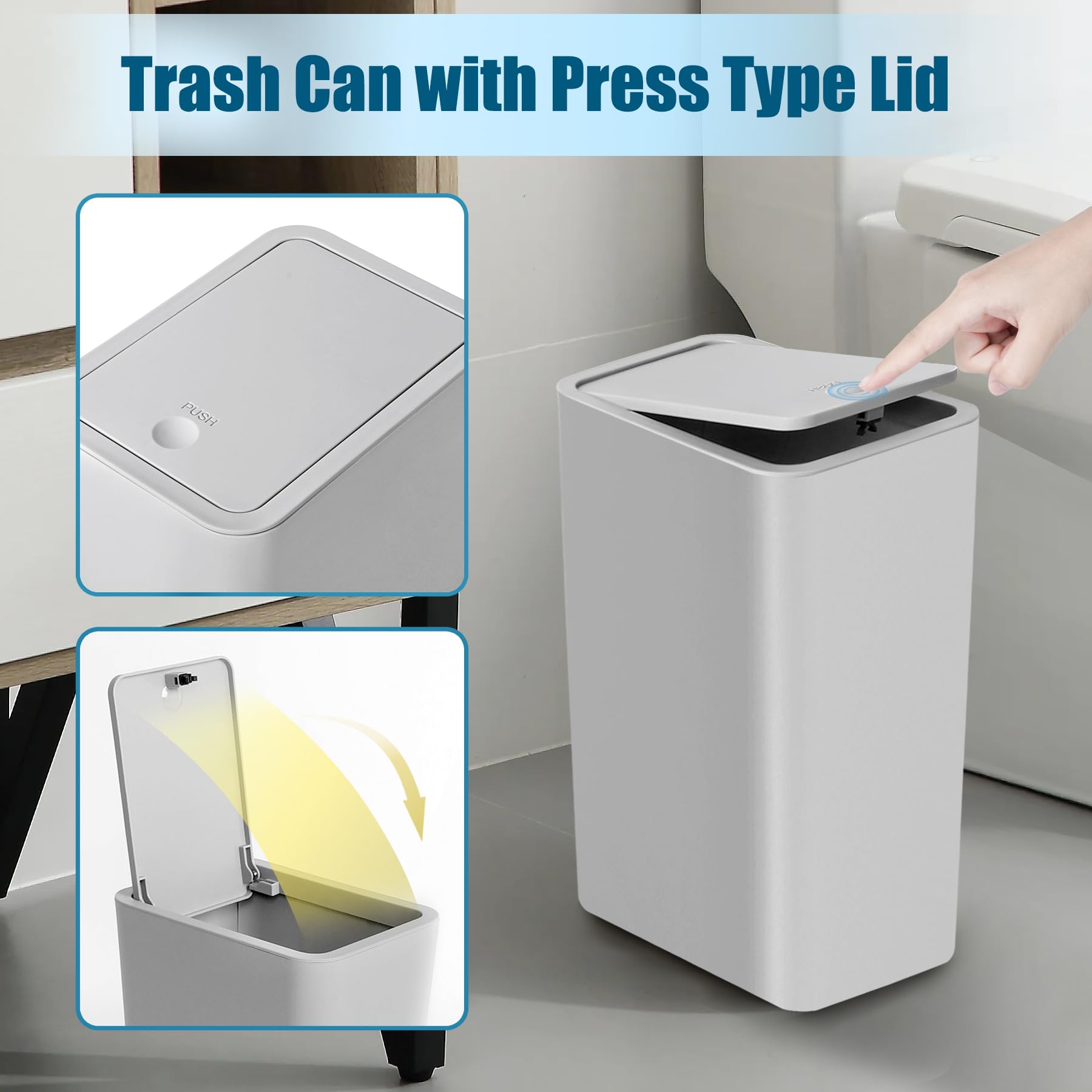 TIPGO 10L/2.6 Gallon Slim Bathroom Trash Can with Pop-Up Lid - Small Garbage Bin for Kitchen, Bedroom, Office & Living Room - Space-Saving Waste Basket (Grey) | Perfect for Tight Spaces, Under Sinks & Home Organization