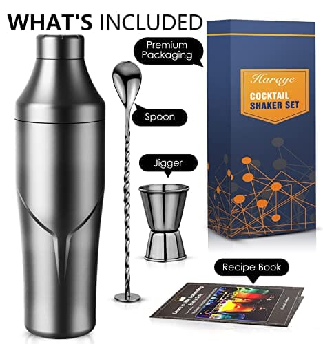 Premium 18/8 Stainless Steel Cocktail Shaker Set - Haraye 24oz Vacuum Insulated Martini & Margarita Mixer with Built-in Strainer, Leakproof Design for Home Bartenders, Travel & Gifts - Perfect for Parties, Bars and Mixology Enthusiasts