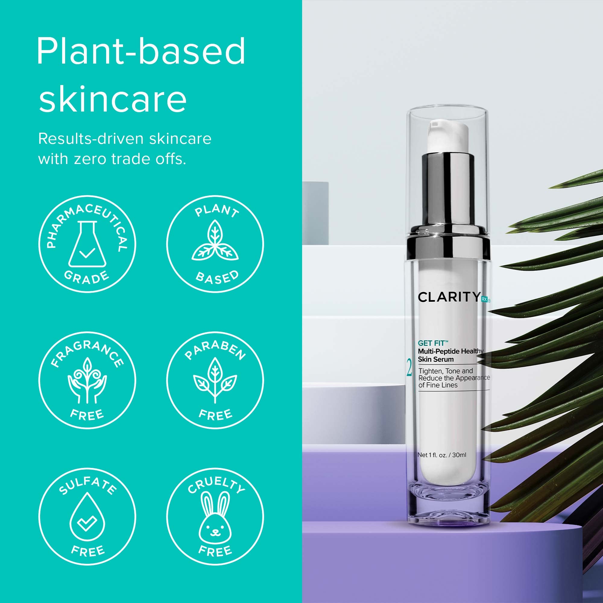 ClarityRx Get Fit Multi-Peptide Anti-Aging Face Serum - Natural Plant-Based Skincare for Fine Lines & Wrinkles, 1 fl oz - Hydrating & Firming Treatment for Daily Use & Night Routine