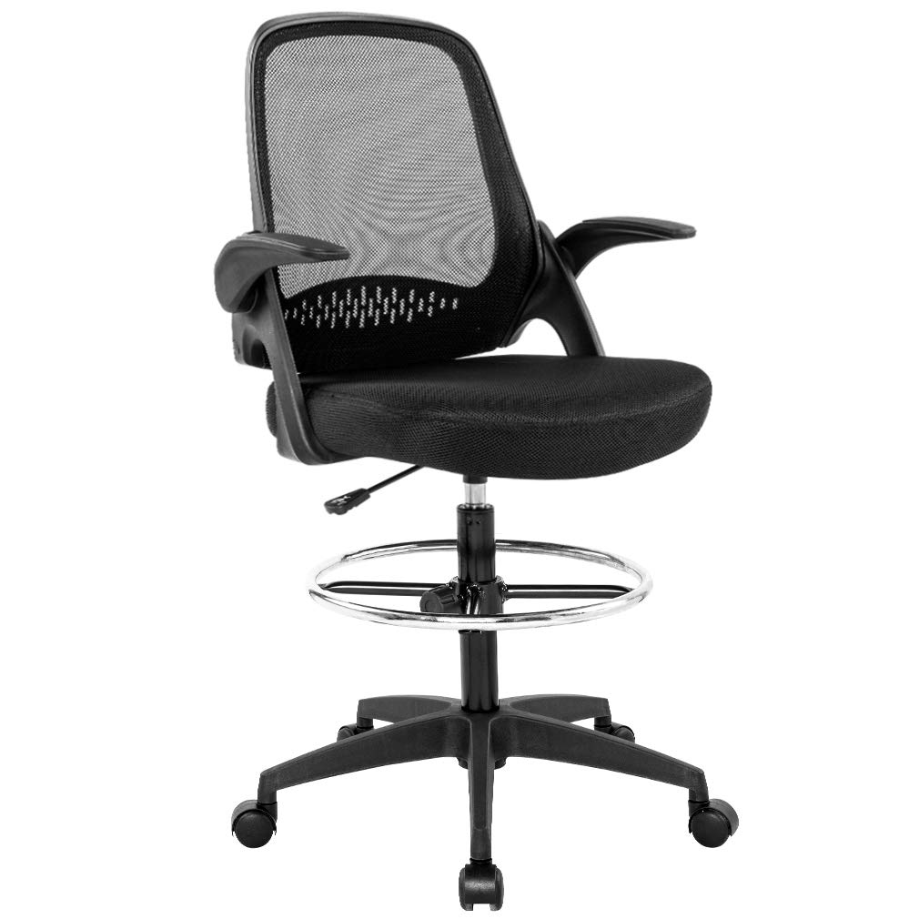 Ergonomic Drafting Chair - Adjustable Height Office Chair with Lumbar Support & Flip-Up Arms for Standing Desks, Black Mesh Computer Chair for Home & Office Workspaces - Perfect for Architects, Designers & Long Work Sessions