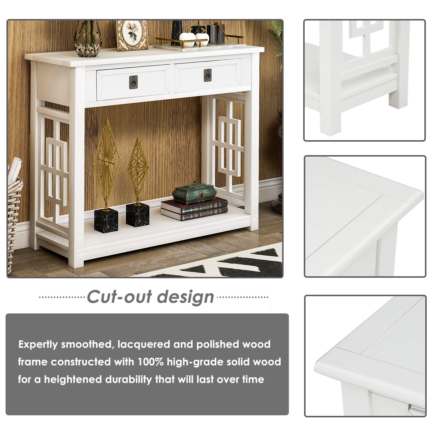 Modern White Wooden Console Table with 2 Drawers & Shelf - Narrow Sofa Table, Entryway Accent Furniture for Living Room, Bedroom, Hallway - 31.5