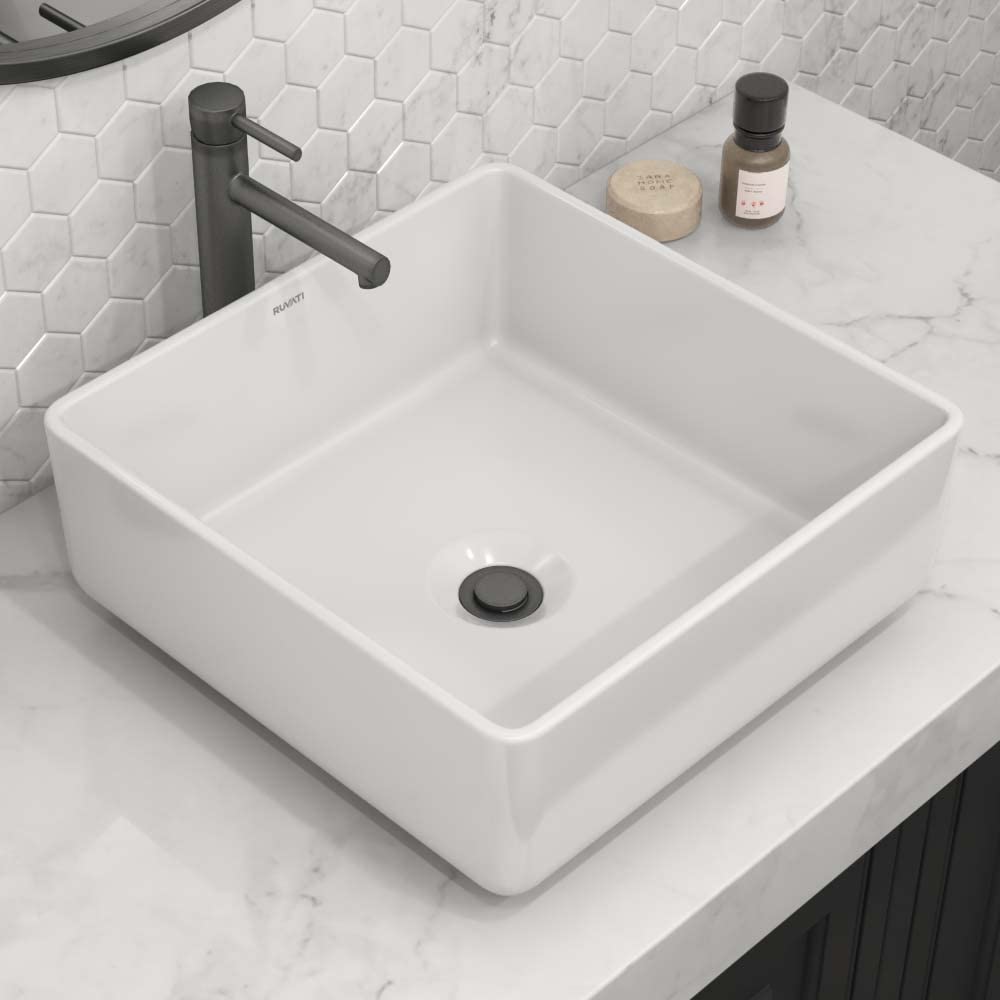 Ruvati 15 x 15 Inch White Rectangular Porcelain Vessel Sink for Bathroom Vanity - Above Counter Ceramic Basin - Perfect for Small Bathrooms, Powder Rooms & RV Bathrooms (Model RVB1616)