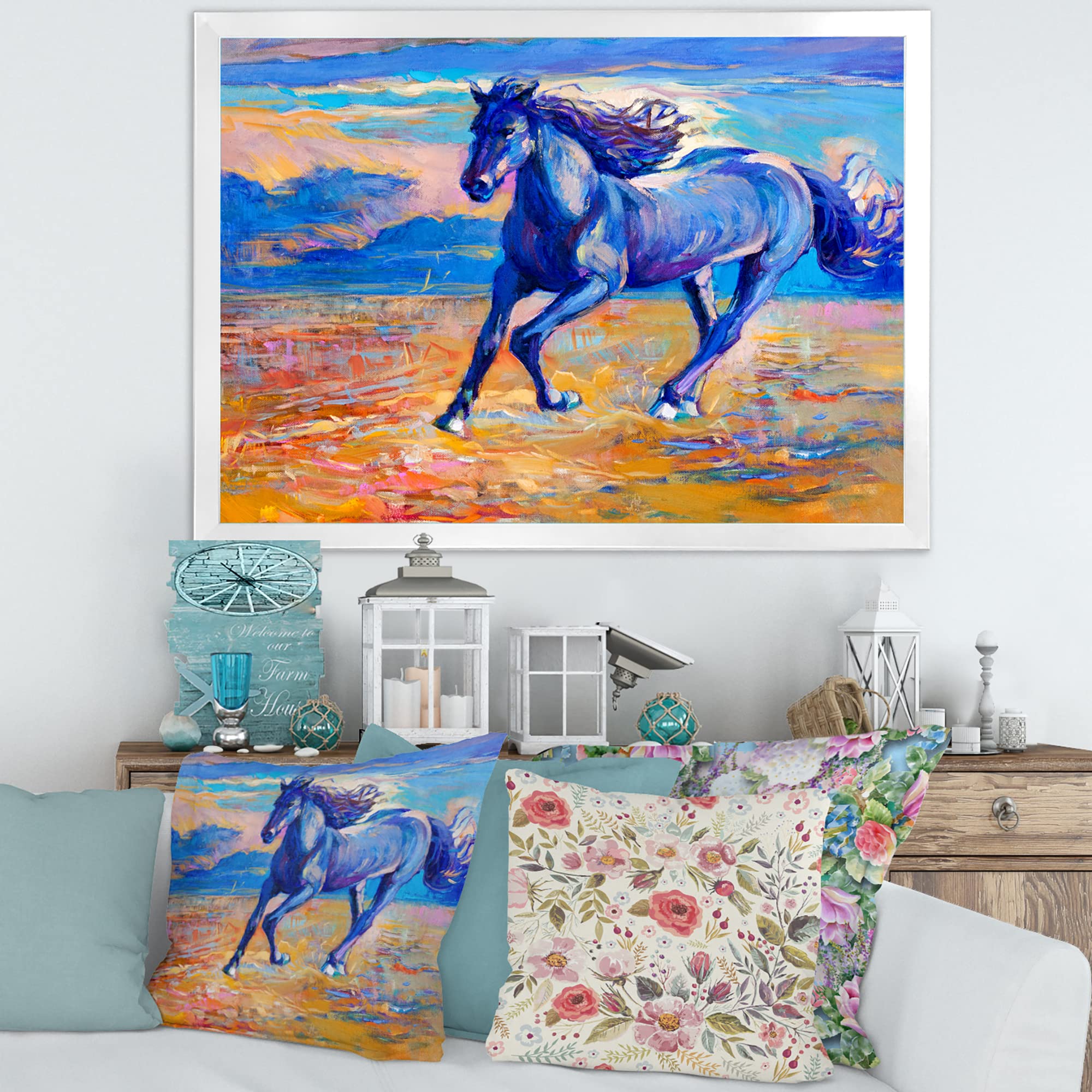 Blue Horse Galloping Over Prairie - Farmhouse Framed Wall Art Decor for Living Room, Bedroom & Office