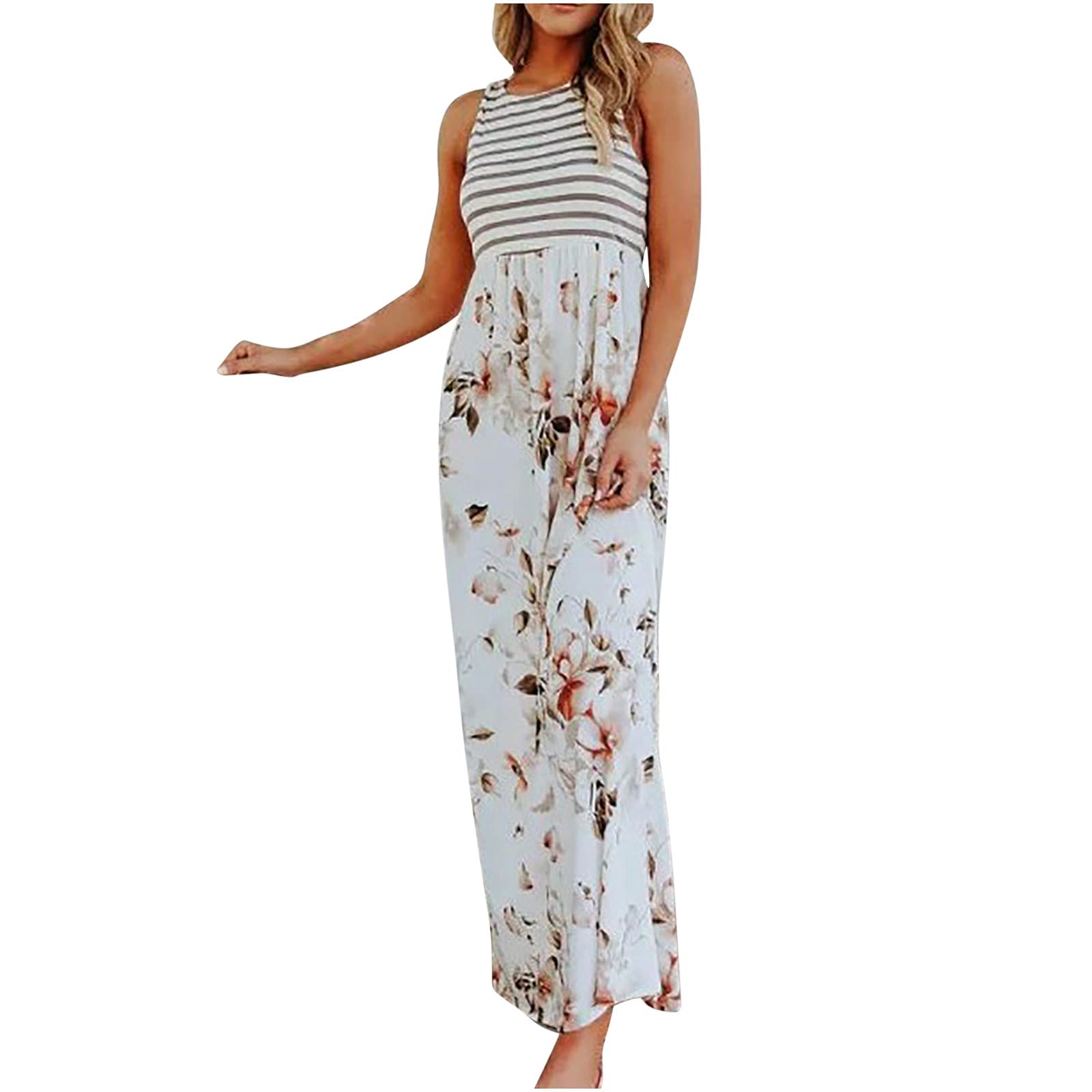MIANHT Women's Summer Dresses 2024 - Striped Floral Print Round Neck Sleeveless Maxi Dress with Pockets, Plus Size Bohemian Long Beach Dress for Vacation, Party & Casual Wear