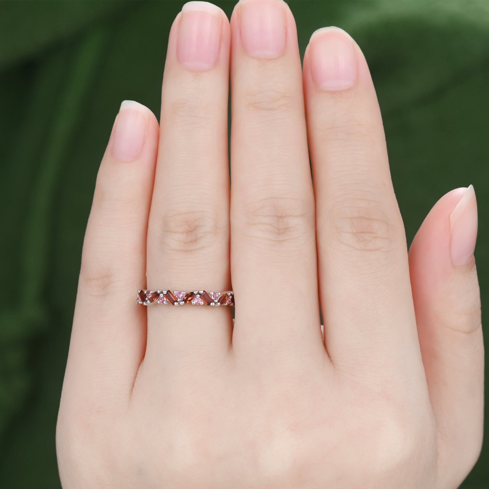 Natural Red Garnet Cluster Wedding Band with Pink Sapphire Accents - Stackable Ring for Women & Family - Perfect for Bridal, Anniversary & Everyday Wear