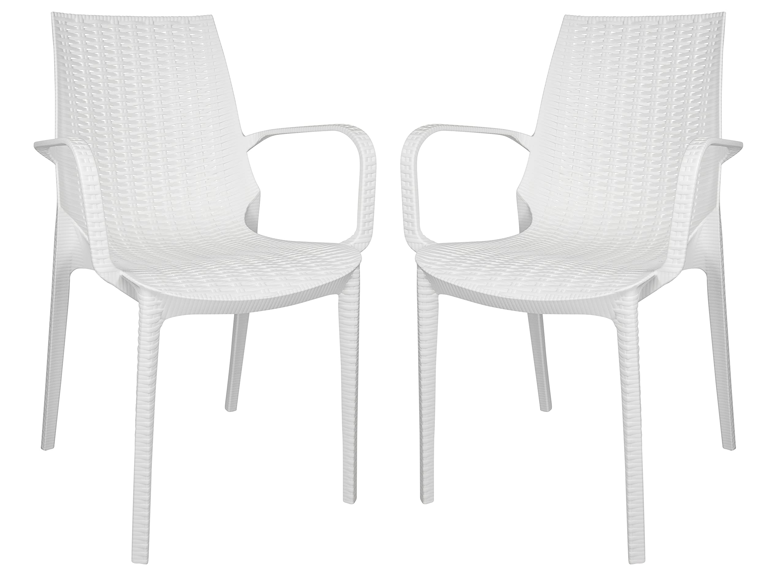 LeisureMod Kent Modern Indoor Outdoor Patio Stackable Dining Arm Chair Set of 2 - White - Perfect for Backyard, Garden, Restaurant & Cafe Seating
