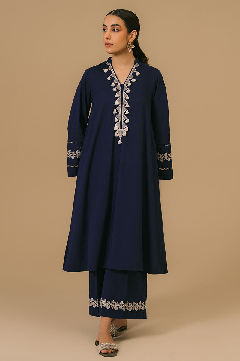 MEDIEVAL BLUE 2-PIECE CAMBRIC EMBROIDERED SUIT | Traditional Pakistani Formal Wear | Perfect for Weddings, Parties & Cultural Events
