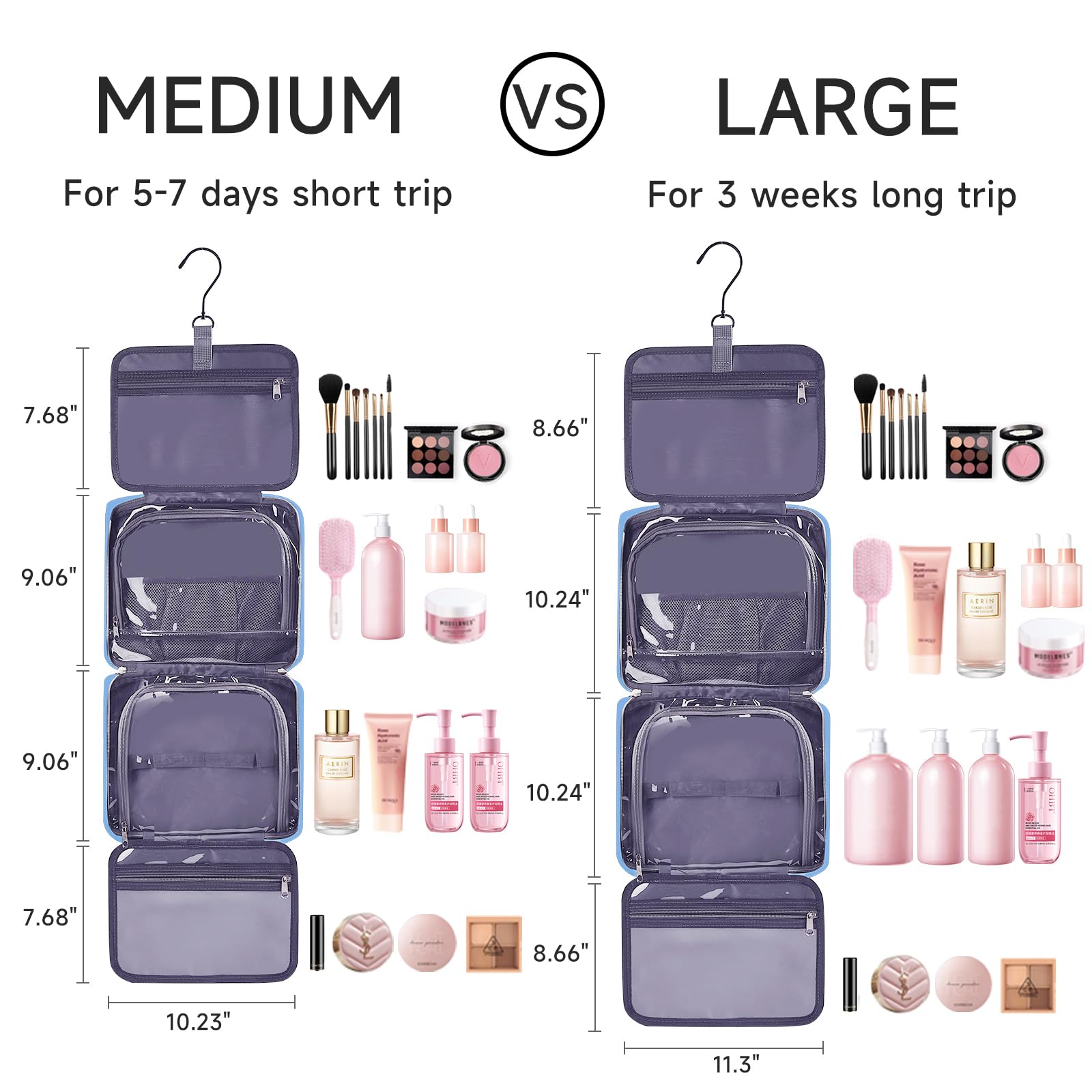 Waterproof Hanging Toiletry Bag for Women - Large Travel Cosmetic Organizer with Hook, Makeup & Accessories Storage (Baby Blue) - Perfect for Air Travel, Gym, Camping & Weekend Getaways