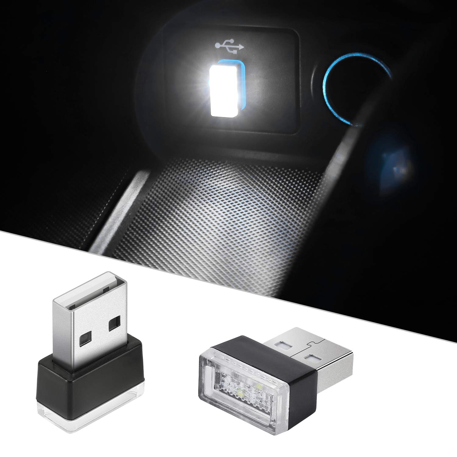 2 Pack USB LED Car Interior Atmosphere Lights - White Ambient Lighting Kit for Cars, Portable Vehicle Night Light & Decoration Accessories | Perfect for Dashboard, Footwell, and Cup Holder Lighting